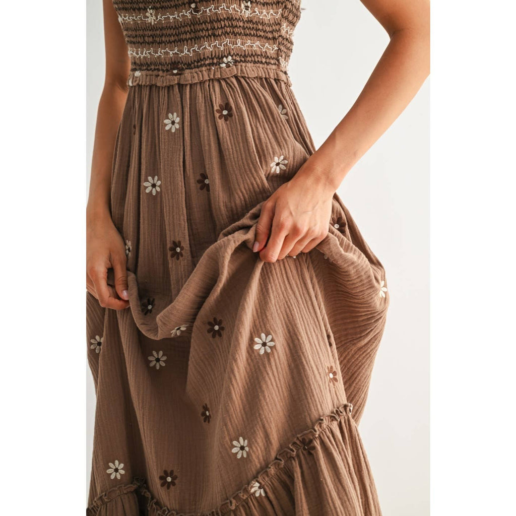 Floral Embroidered Maxi Dress: Brown