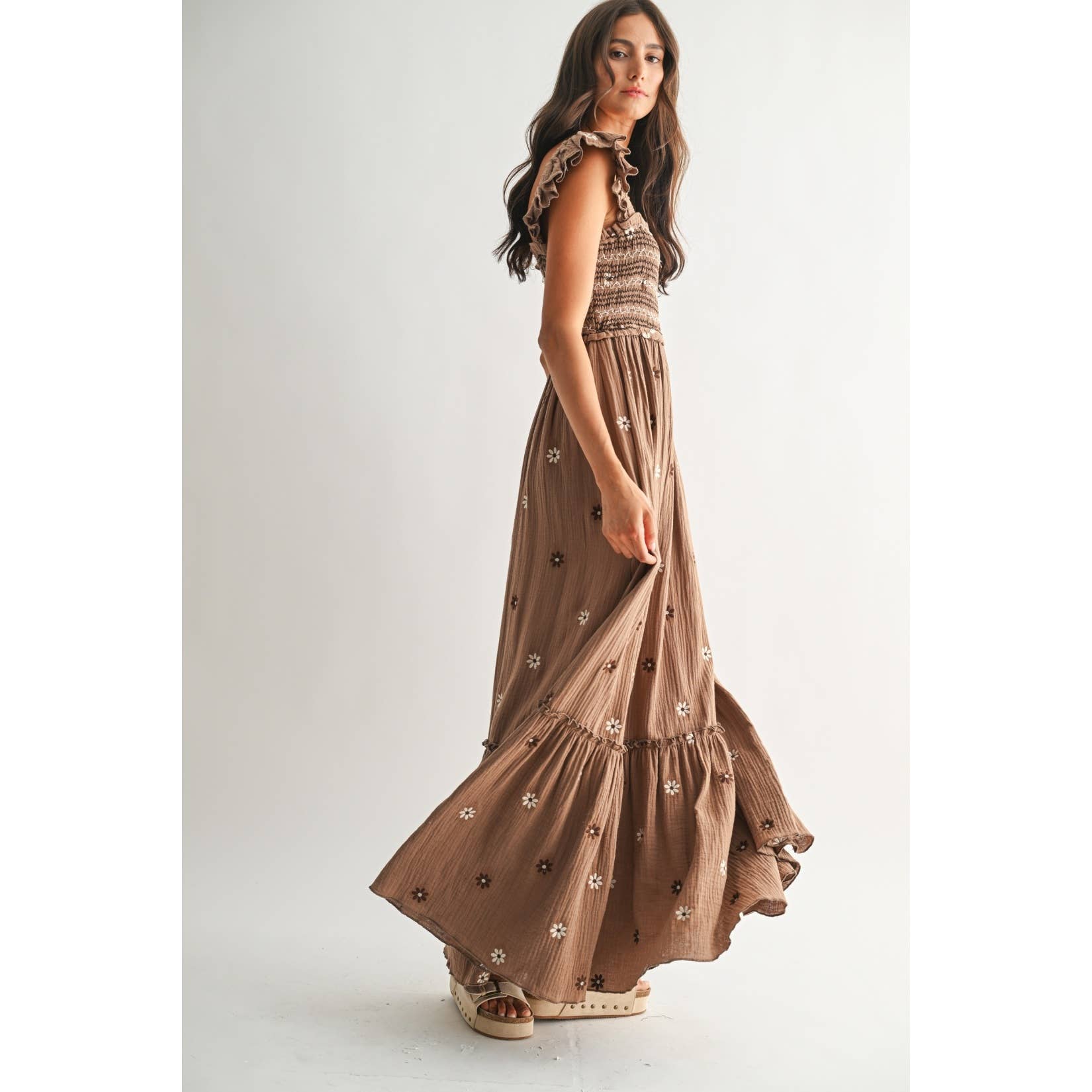 Floral Embroidered Maxi Dress: Brown