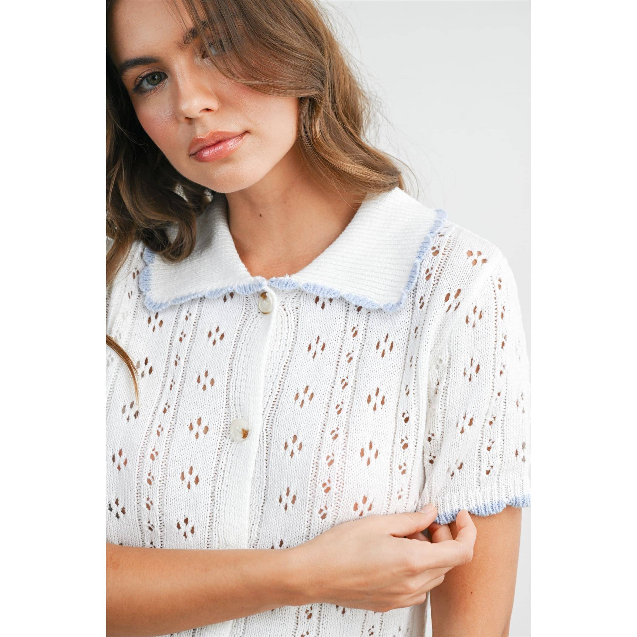 Pointelle Knit Button-Front Top