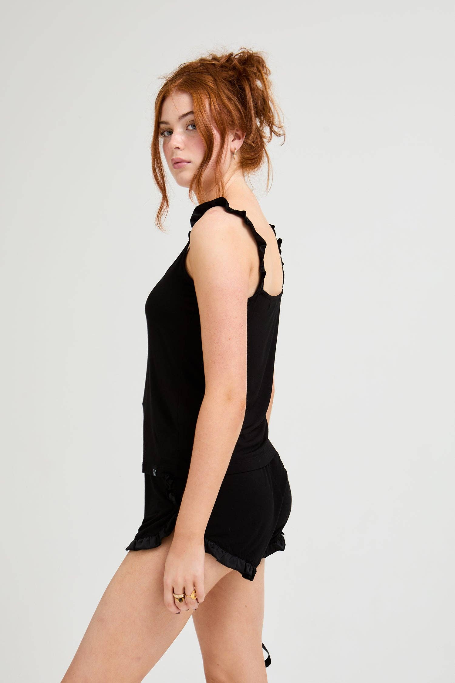 Bamboo Frill Cami Short Pajama Set - Black