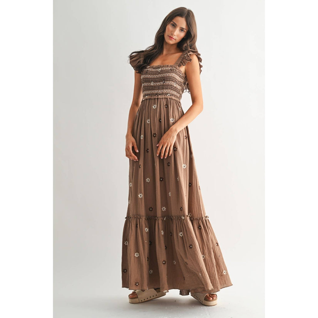 Floral Embroidered Maxi Dress: Brown
