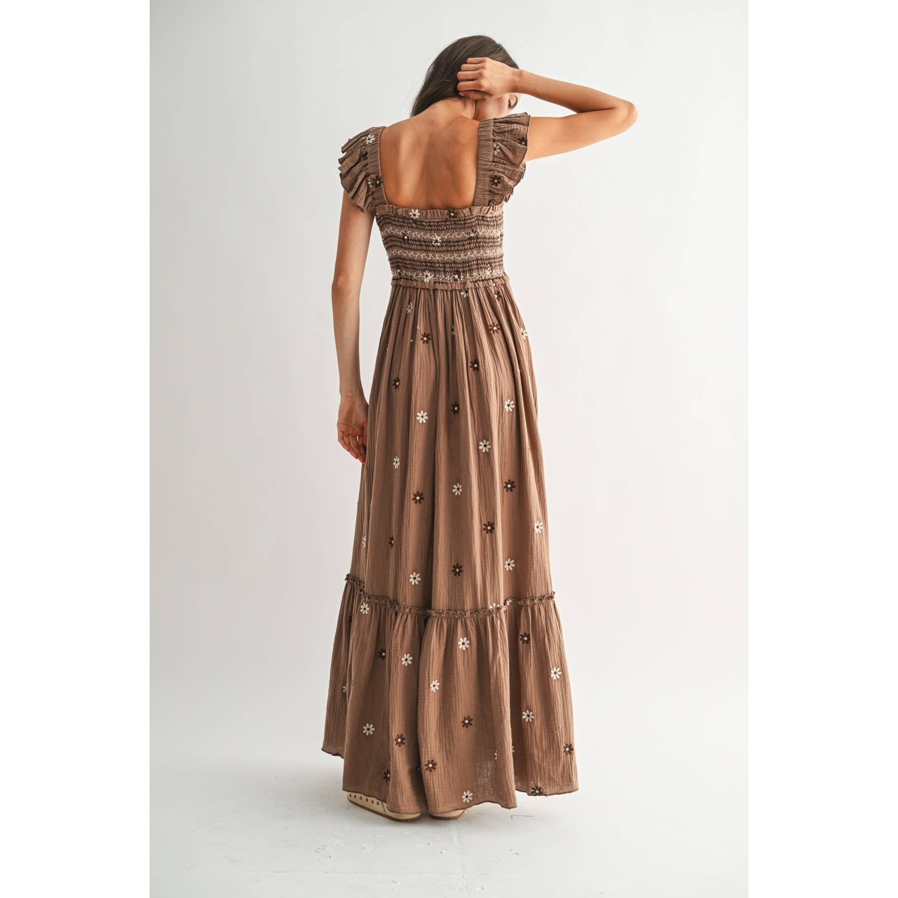Floral Embroidered Maxi Dress: Brown