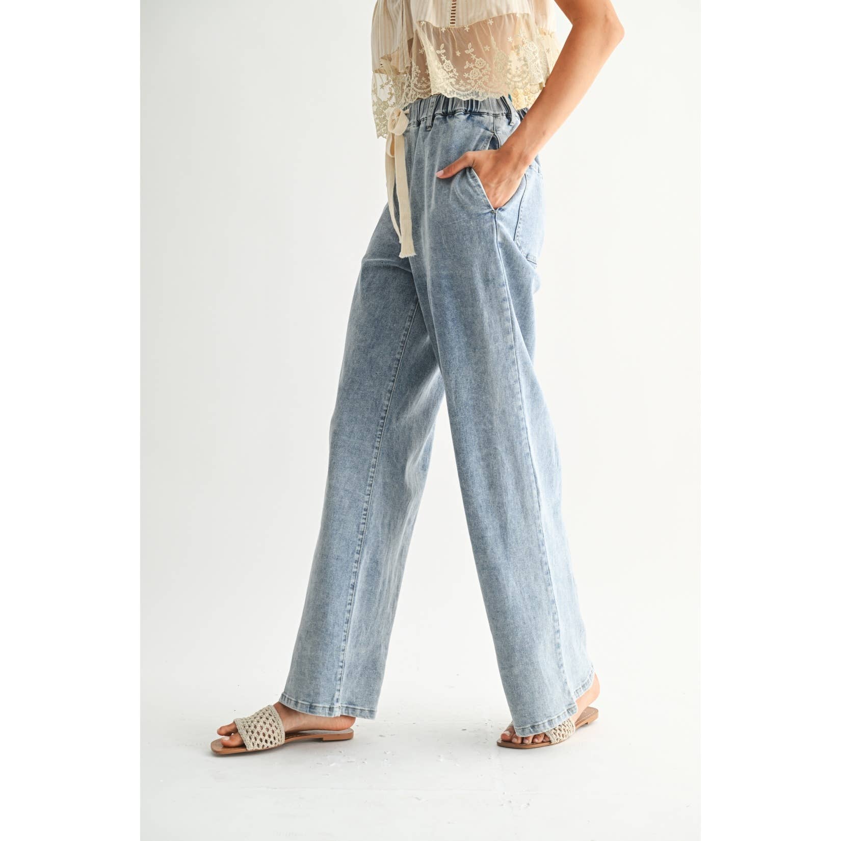 Wide-Leg Denim Trousers with Drawstring - Medium Wash