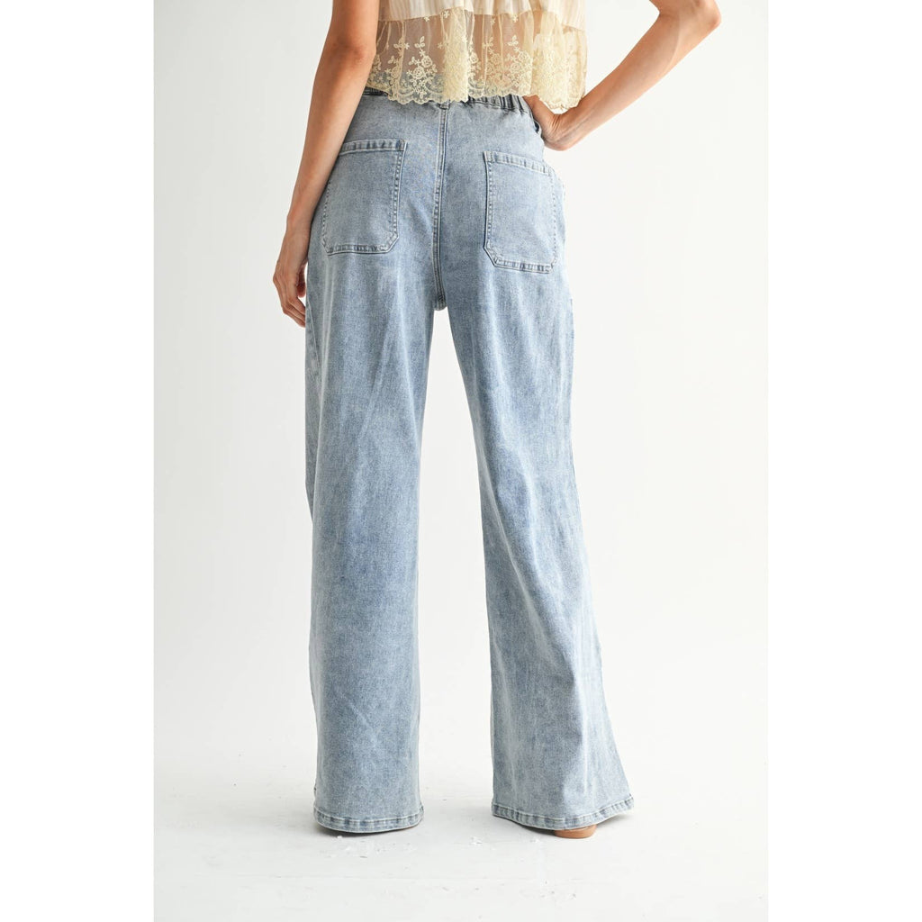 Wide-Leg Denim Trousers with Drawstring - Medium Wash