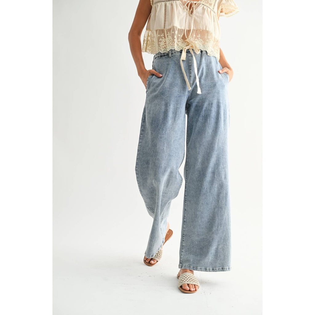 Wide-Leg Denim Trousers with Drawstring - Medium Wash