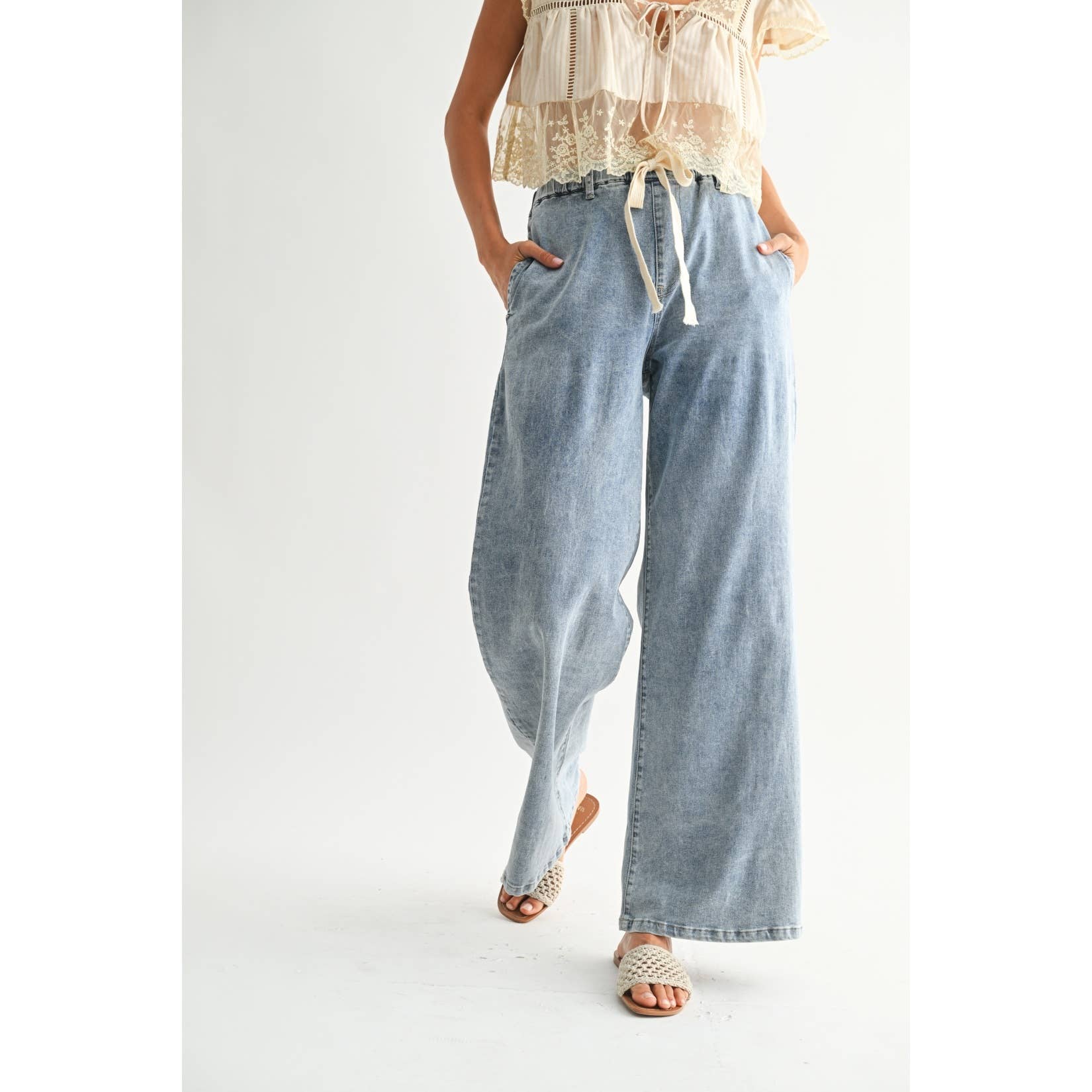 Wide-Leg Denim Trousers with Drawstring - Medium Wash