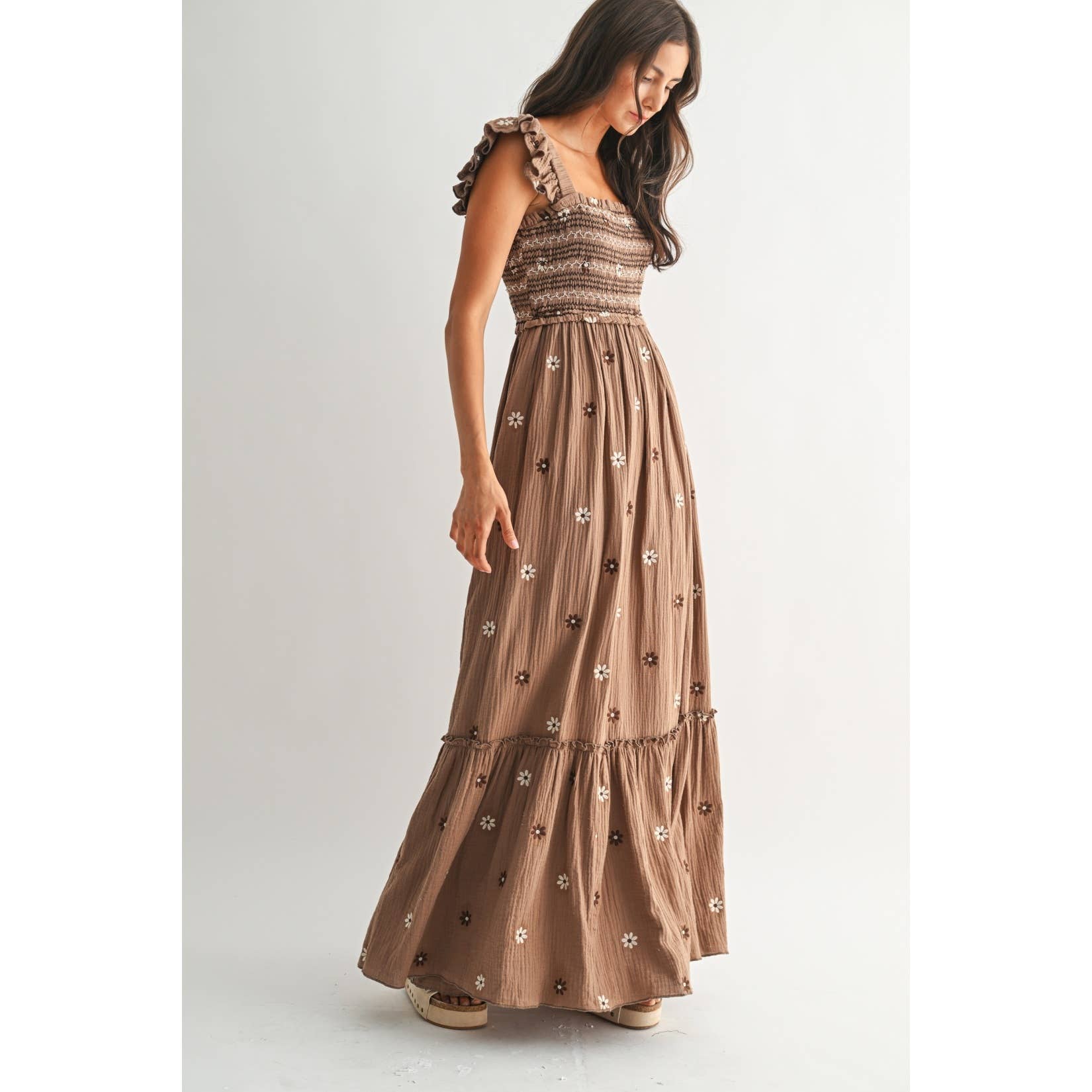 Floral Embroidered Maxi Dress: Brown