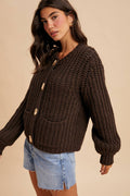 Chunky Button Cable Knit Cardigan - Mocha