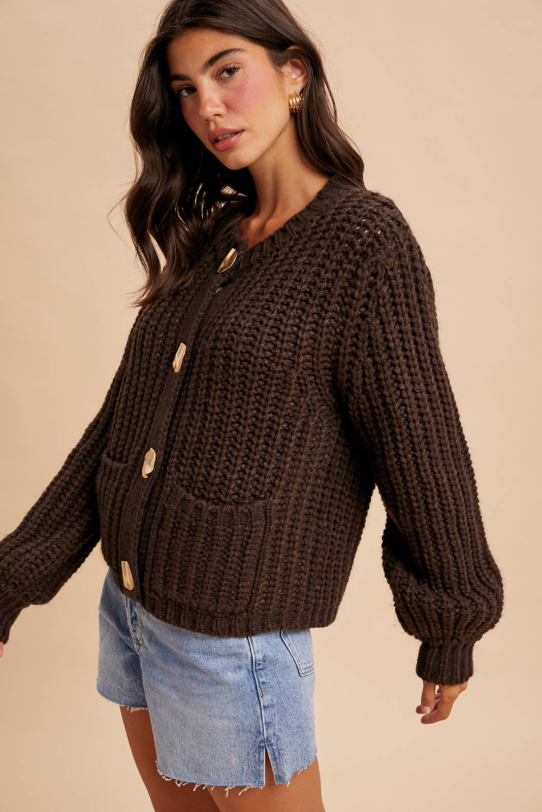 Chunky Button Cable Knit Cardigan - Mocha