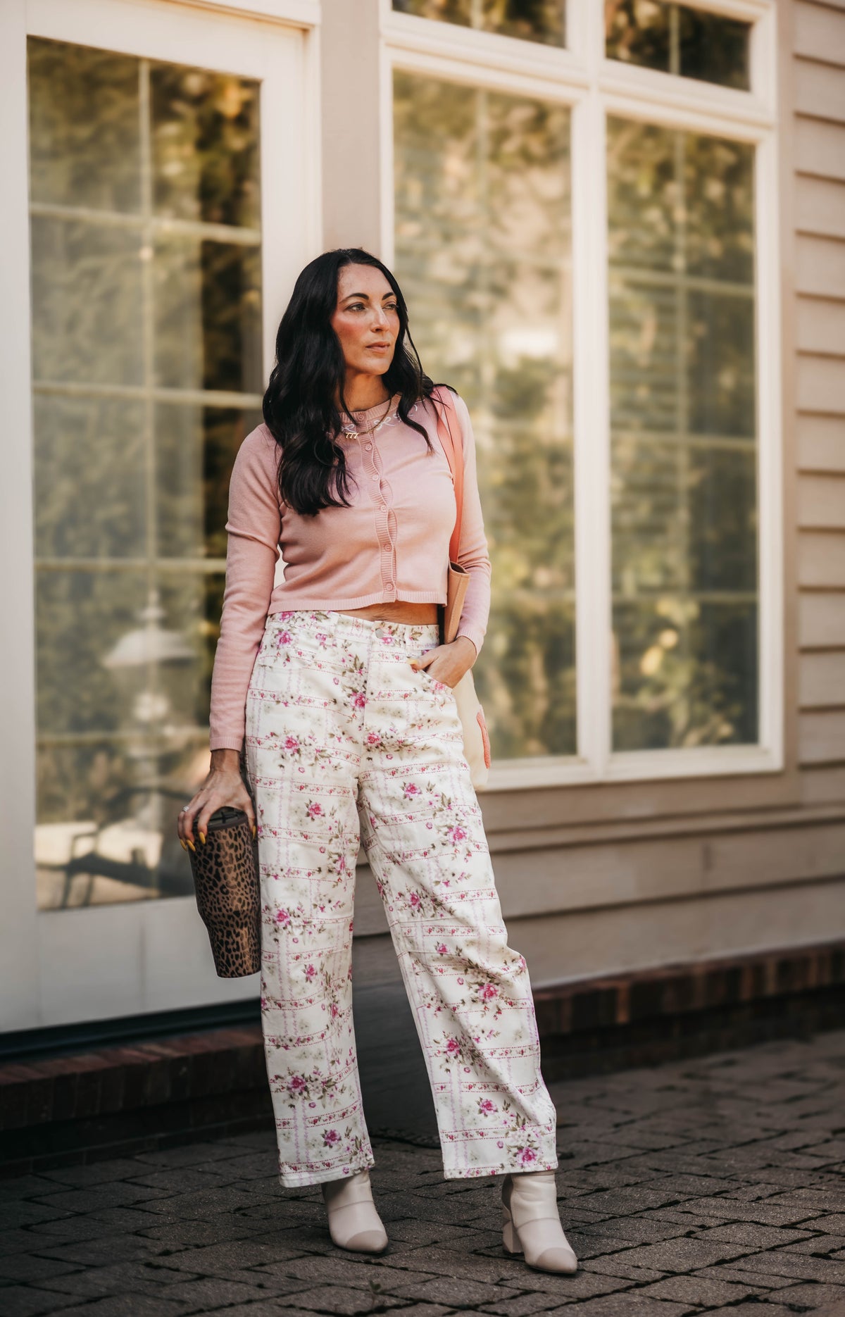 Barrel Denim Jeans - Floral Stripe Flower Print