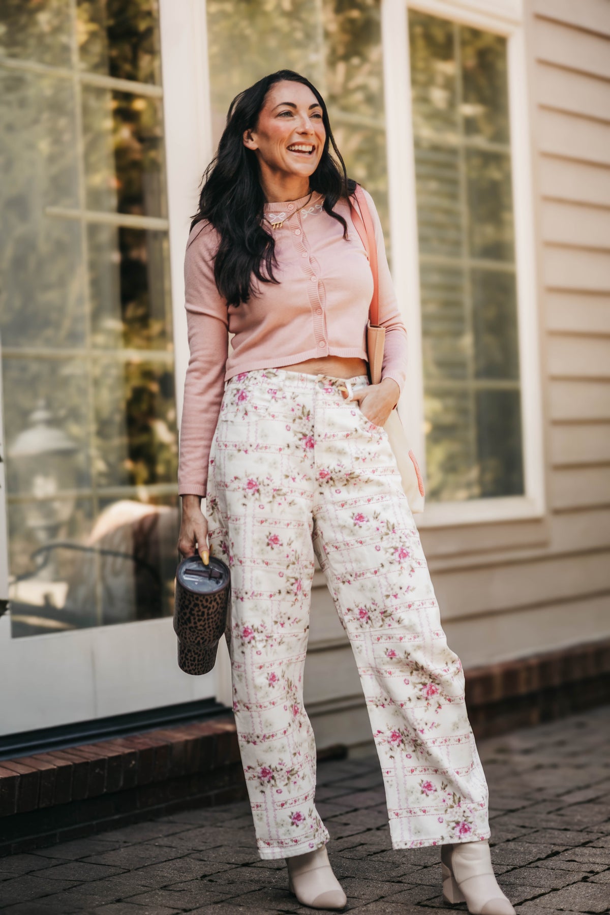 Barrel Denim Jeans - Floral Stripe Flower Print