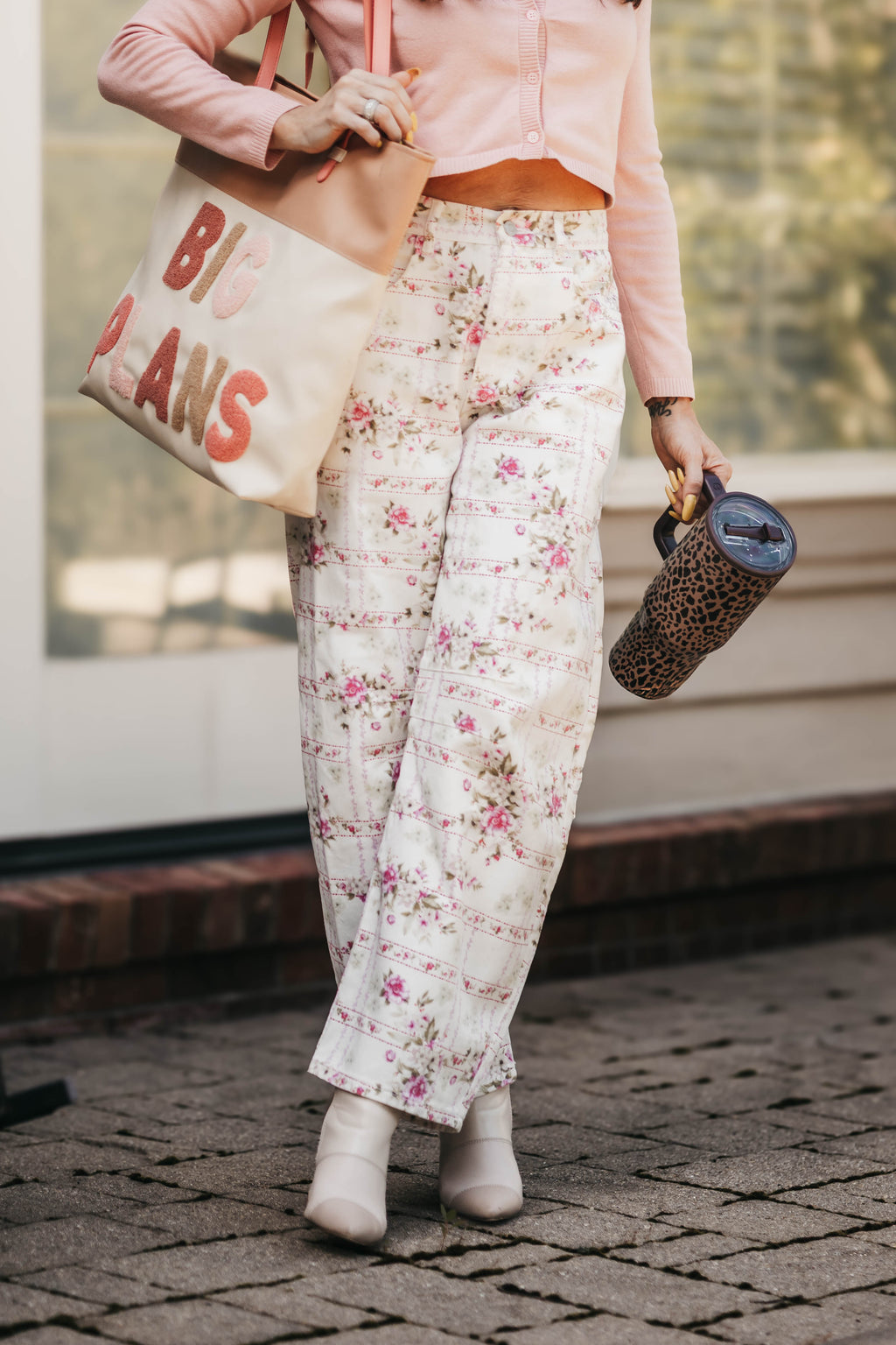 Barrel Denim Jeans - Floral Stripe Flower Print