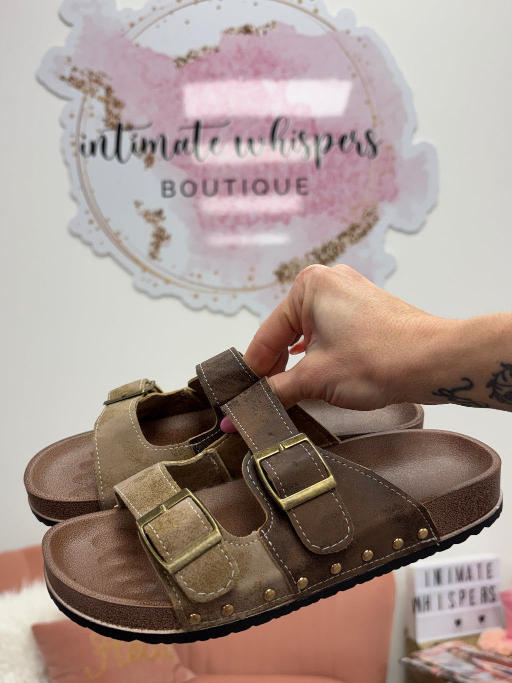 Buckle Strap Slide Sandals: Coffee