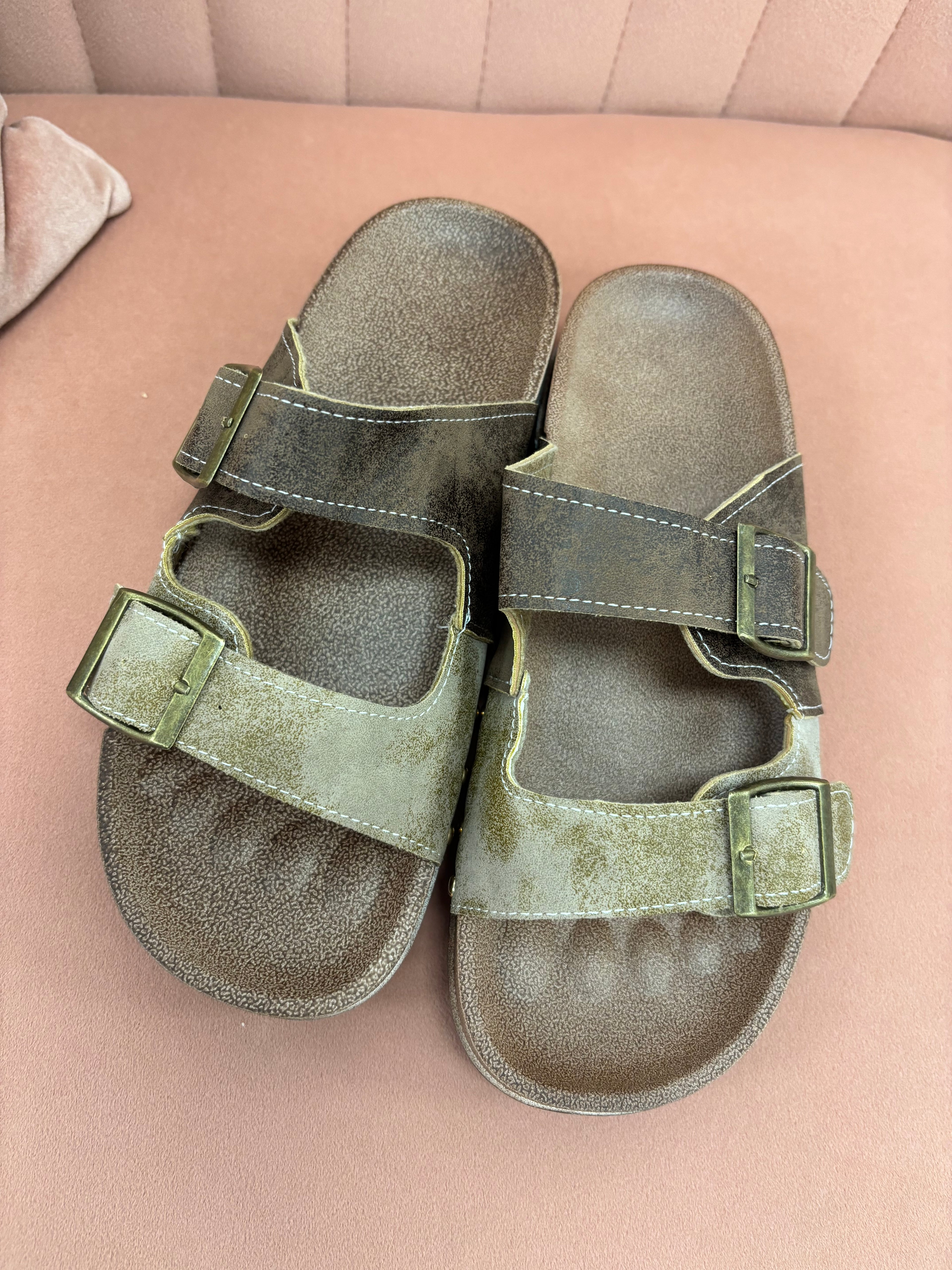 Buckle Strap Slide Sandals: Coffee