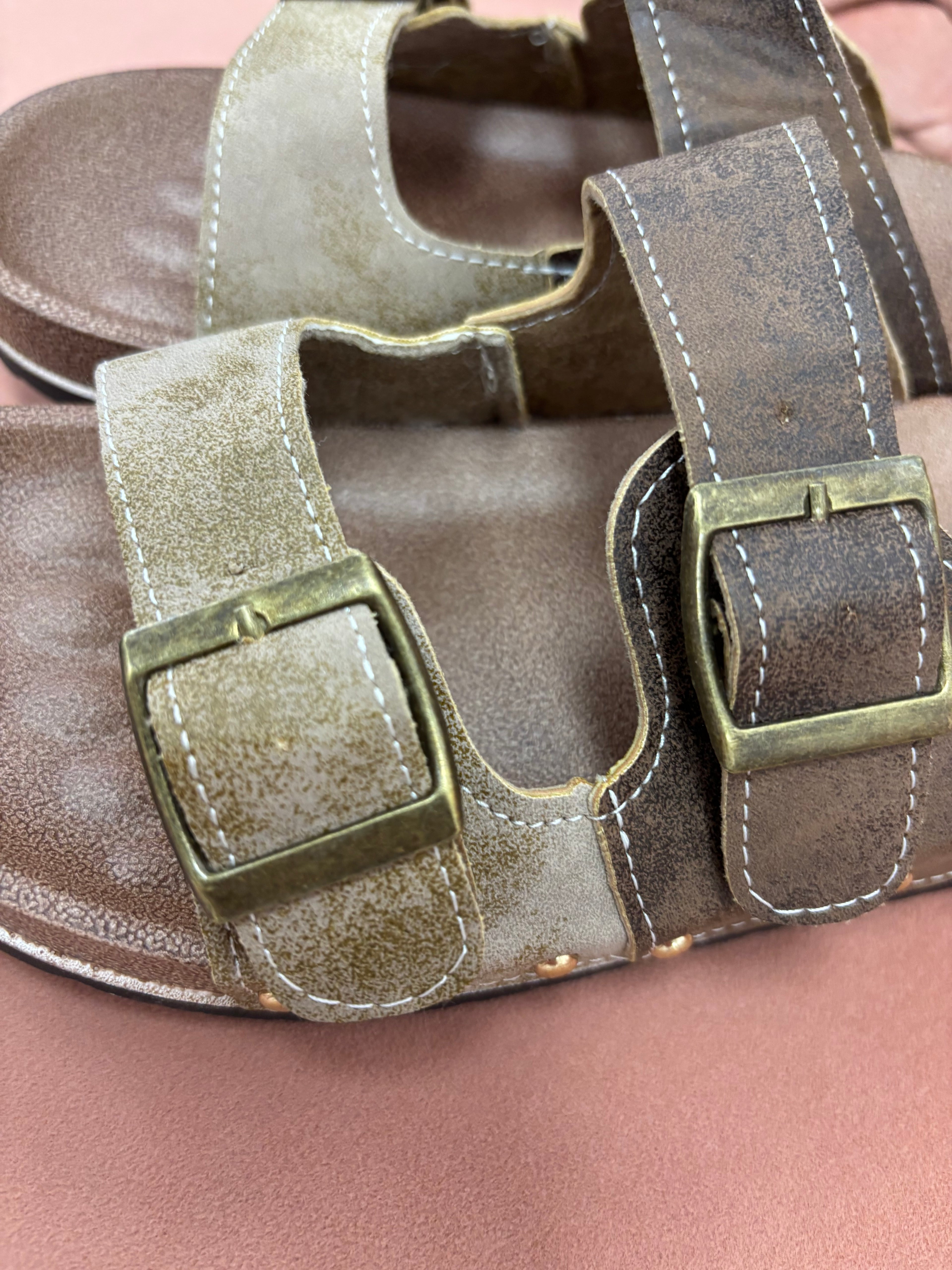 Buckle Strap Slide Sandals: Coffee