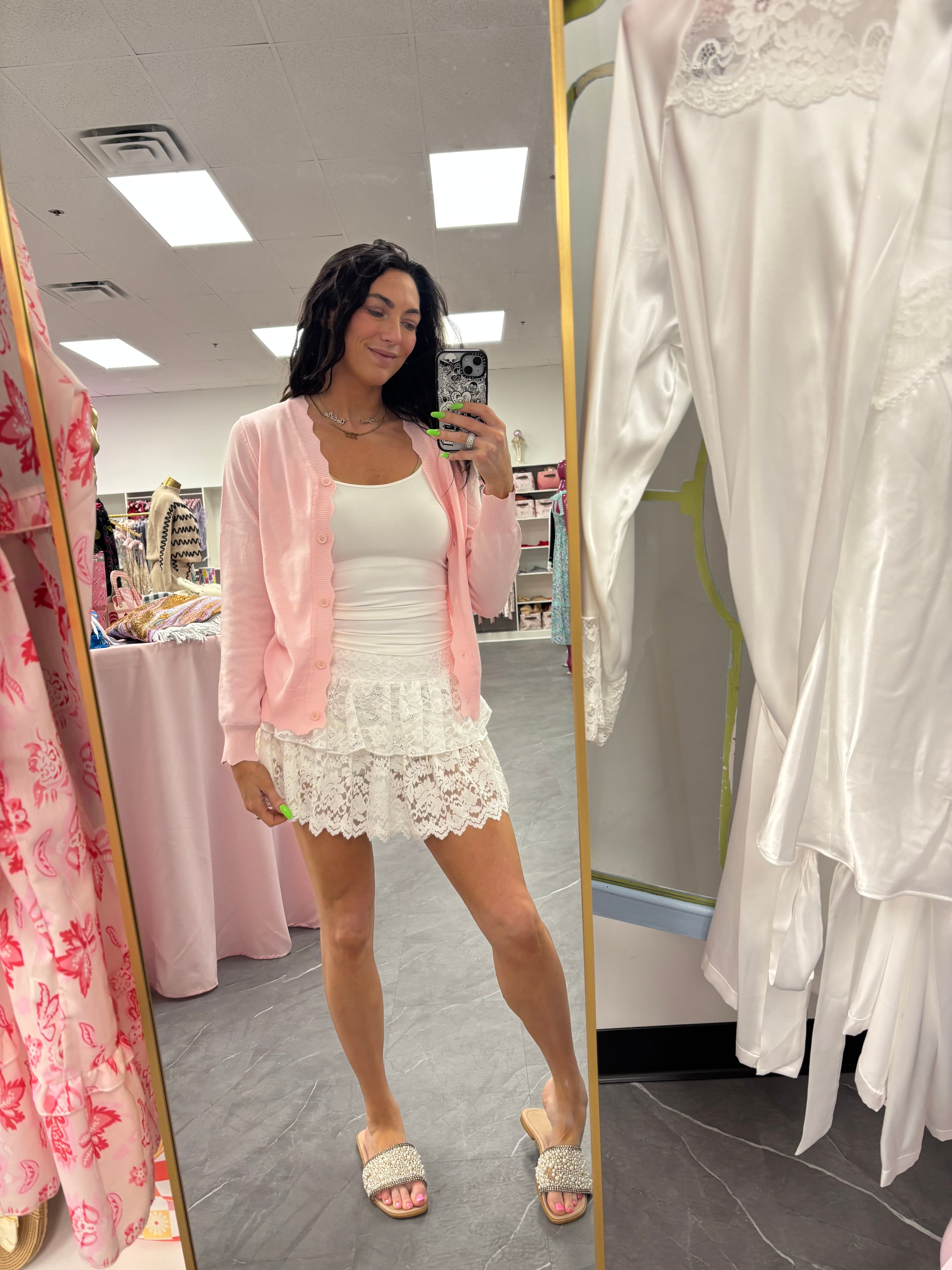 Scalloped Edge Button Cardigan - Pink