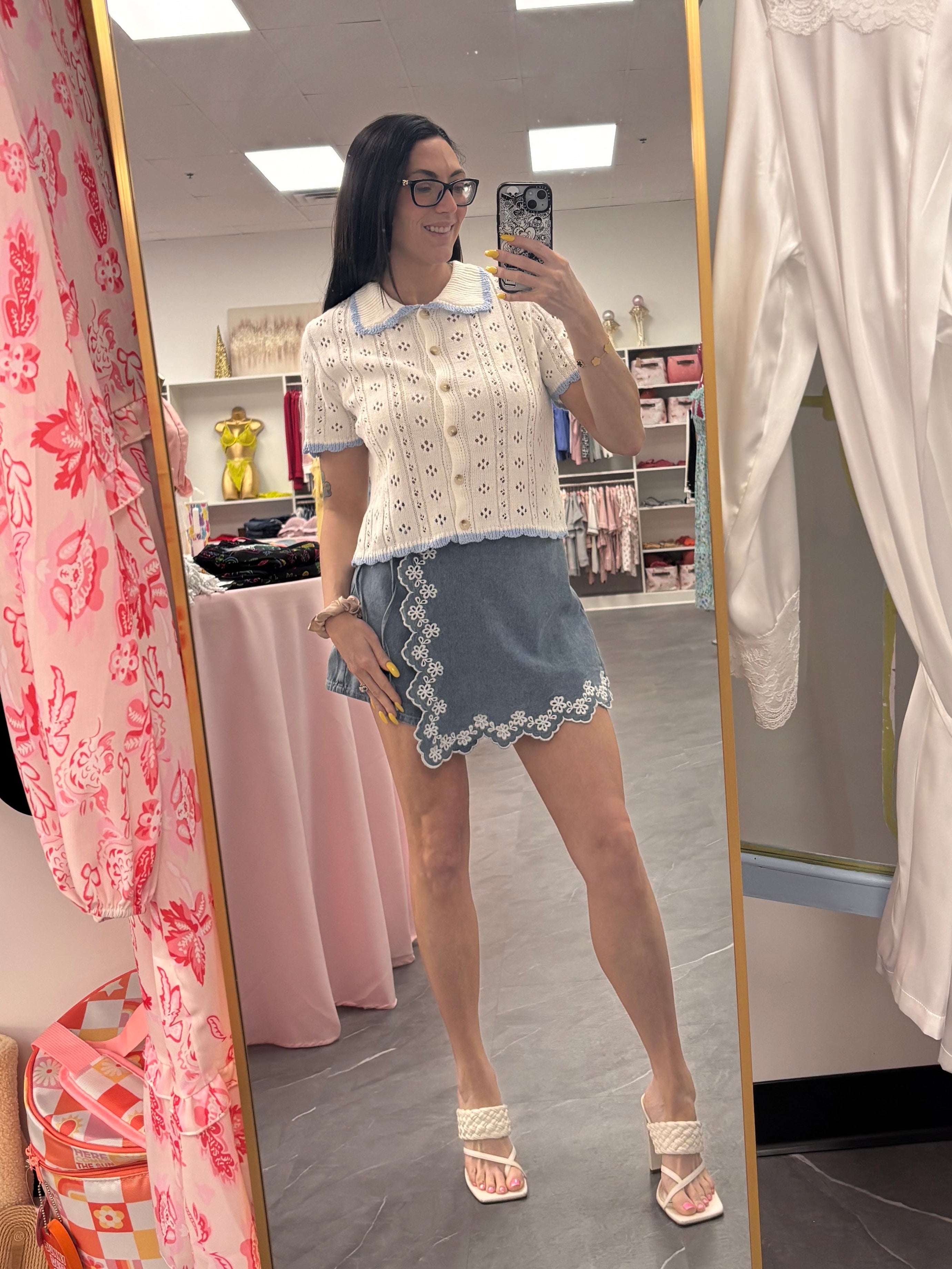 Pointelle Knit Button-Front Top
