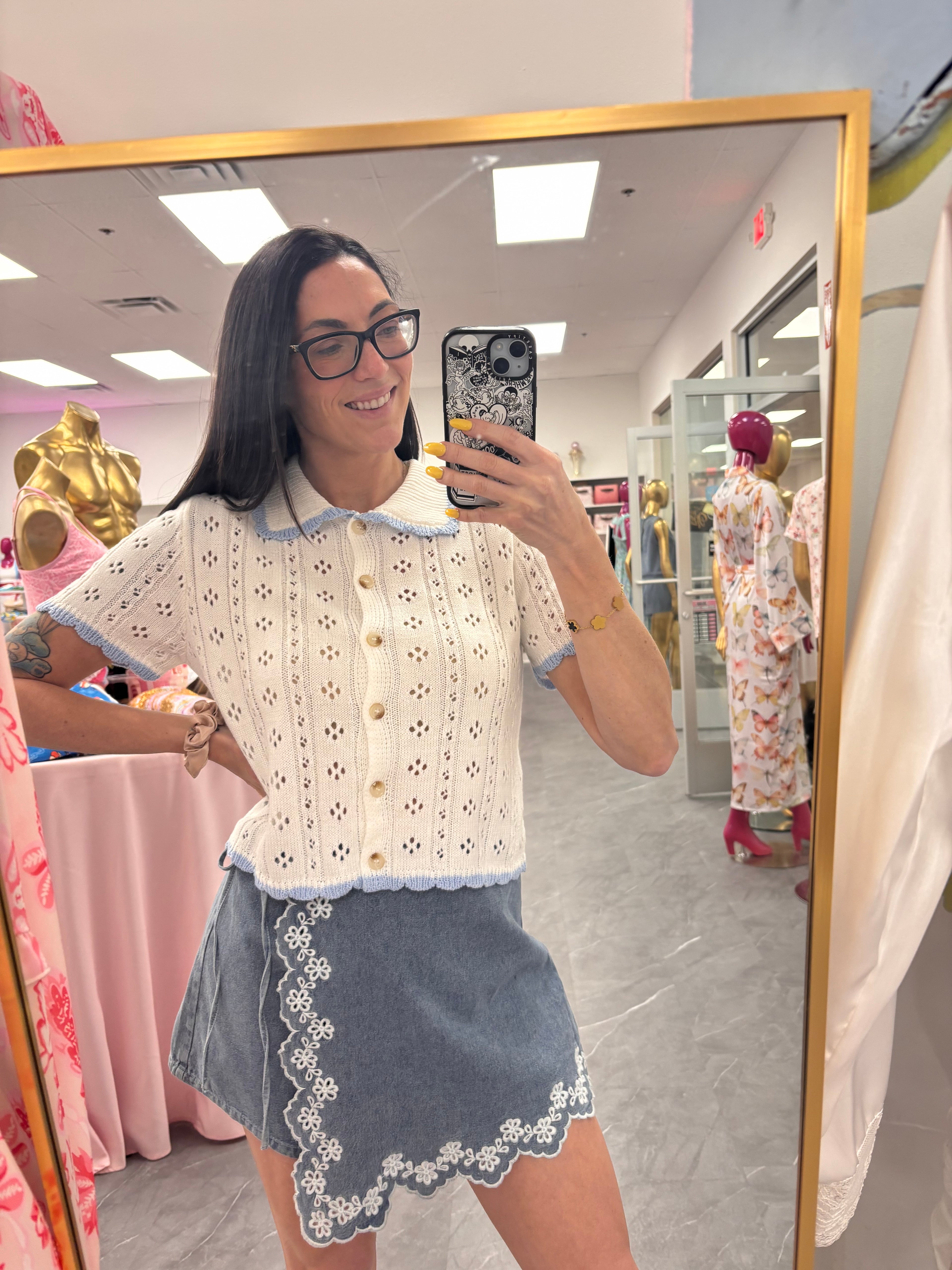 Pointelle Knit Button-Front Top