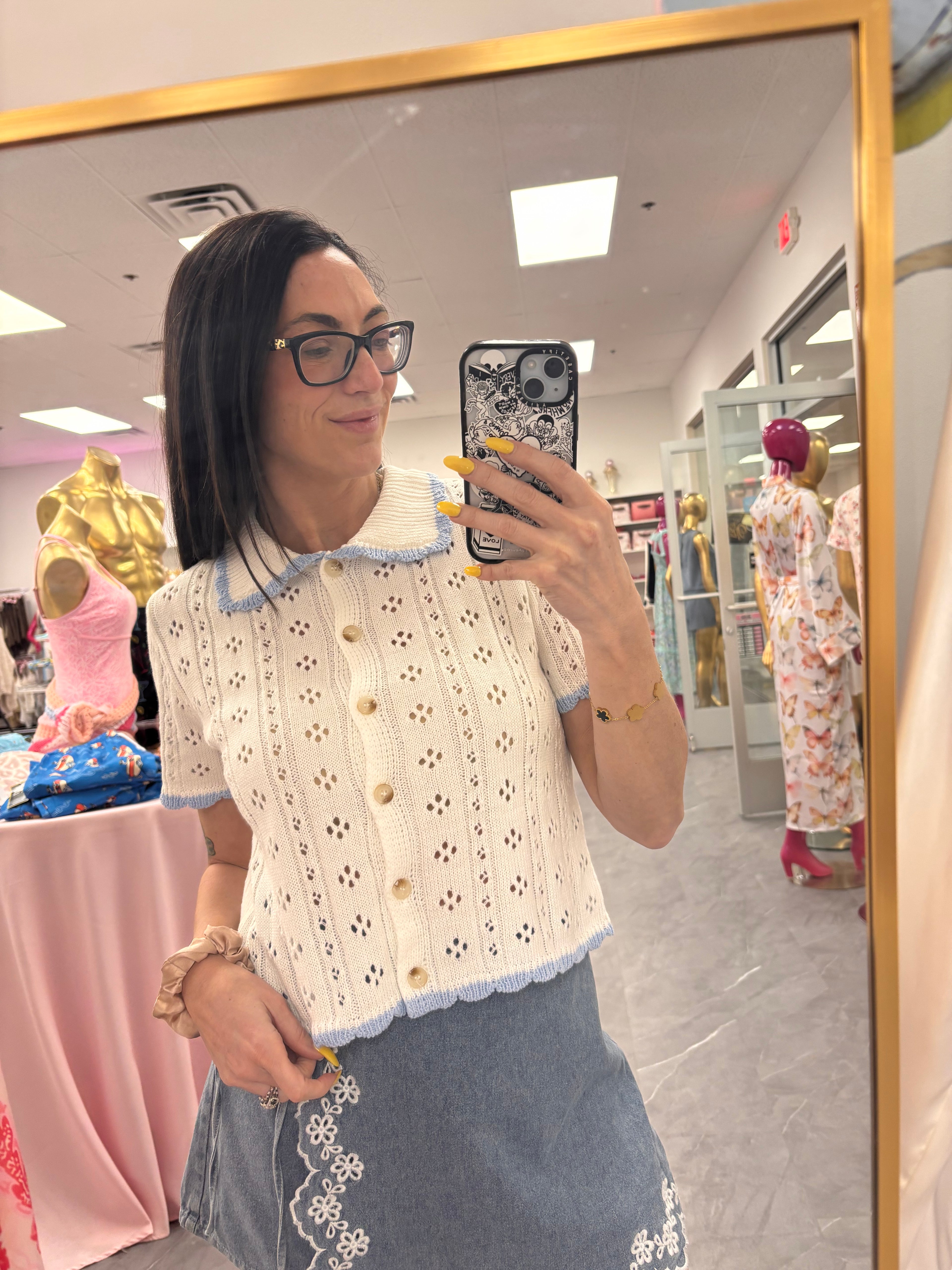 Pointelle Knit Button-Front Top