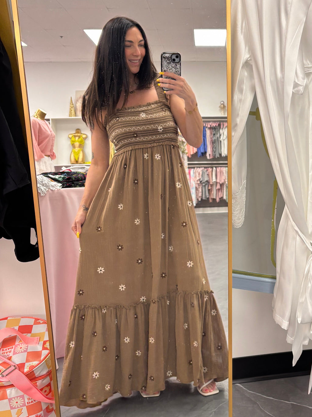 Floral Embroidered Maxi Dress: Brown