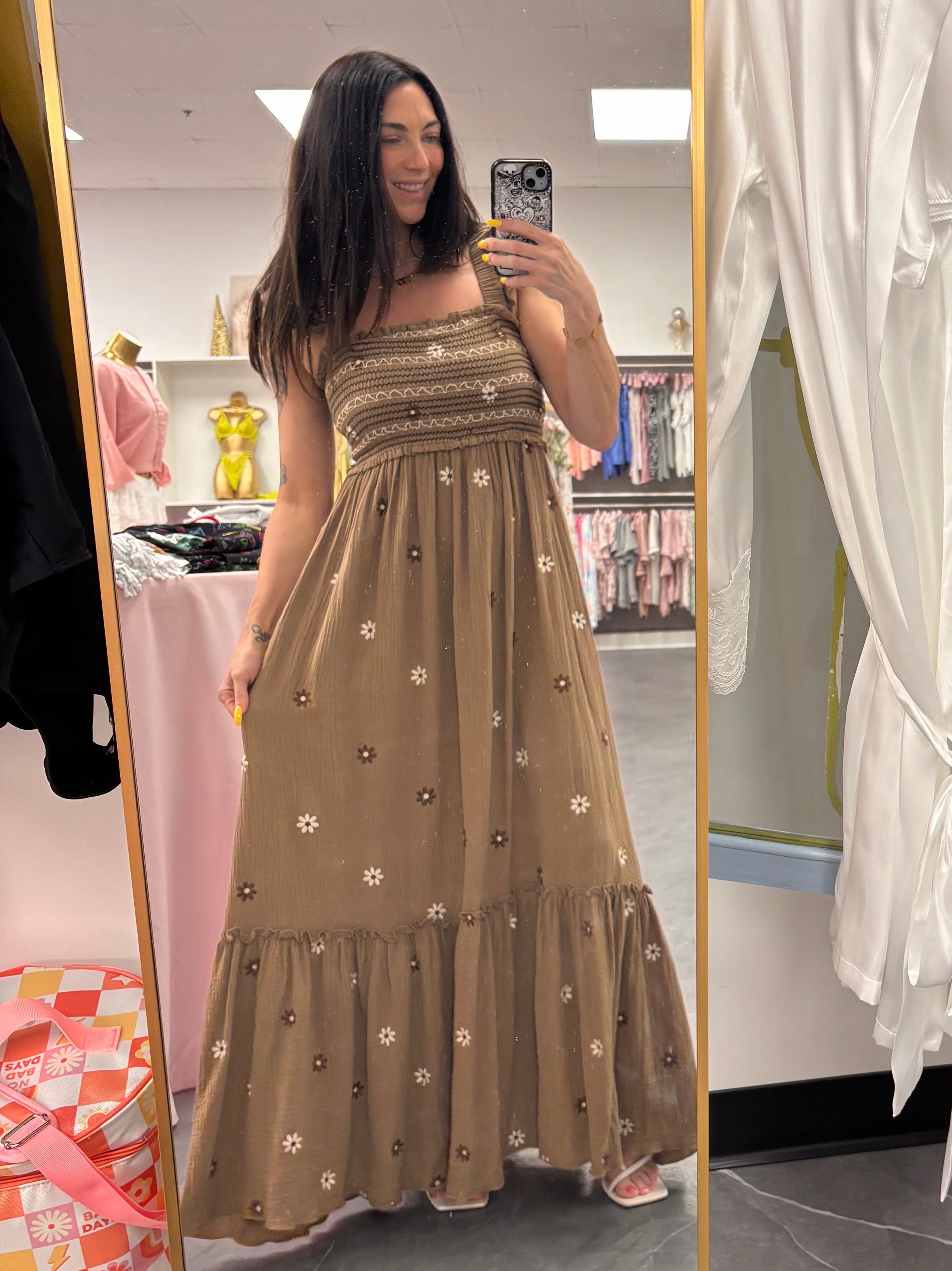 Floral Embroidered Maxi Dress: Brown