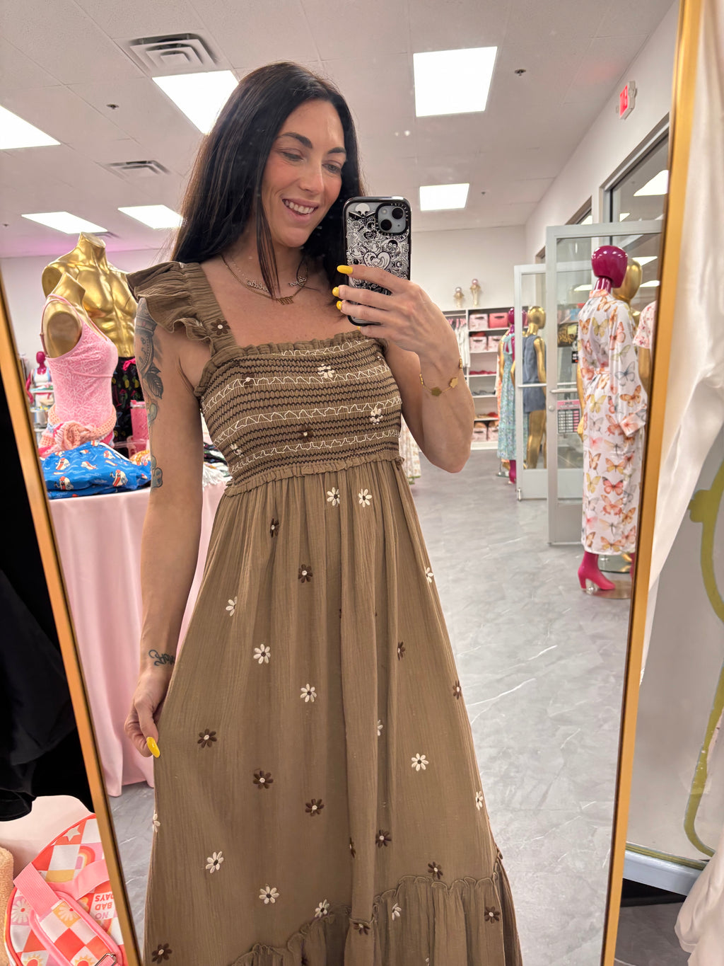 Floral Embroidered Maxi Dress: Brown