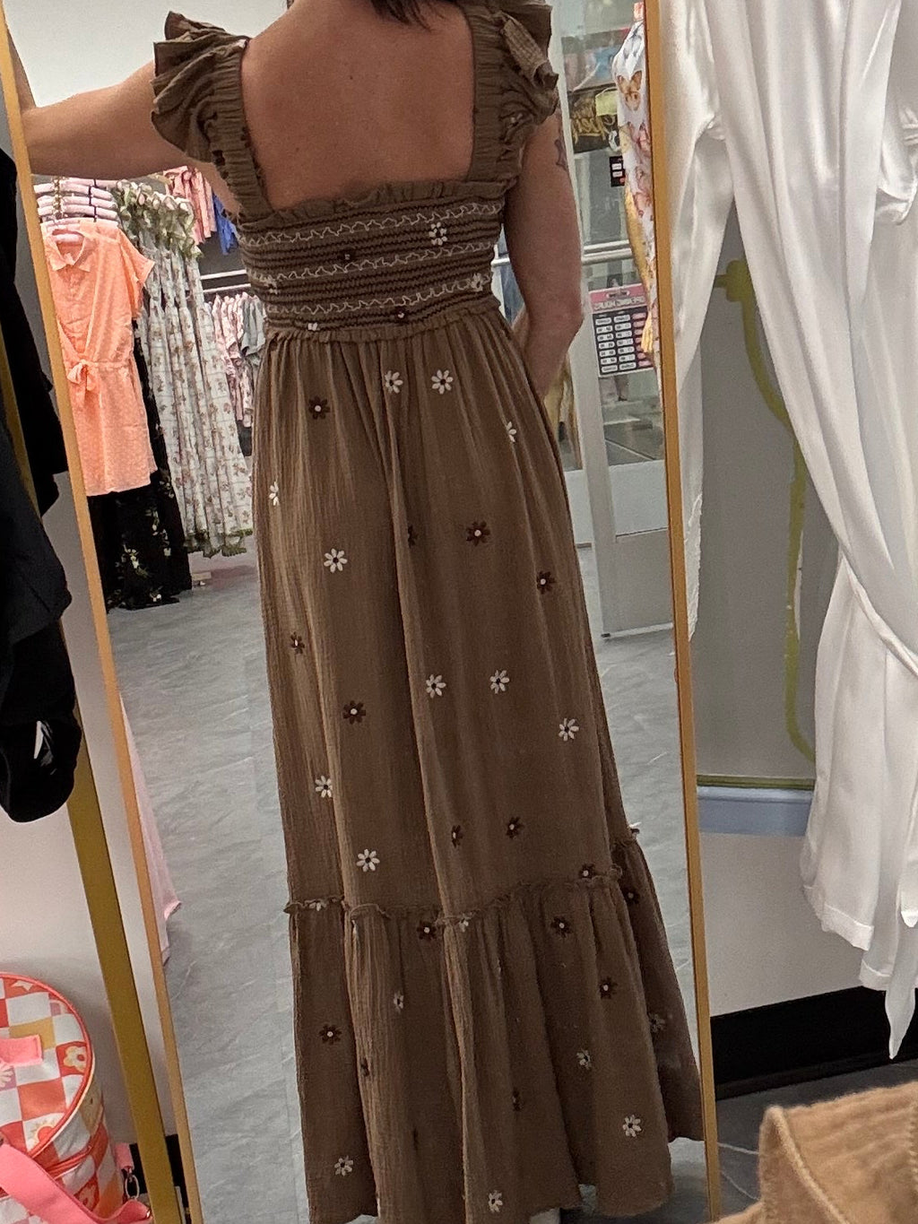 Floral Embroidered Maxi Dress: Brown