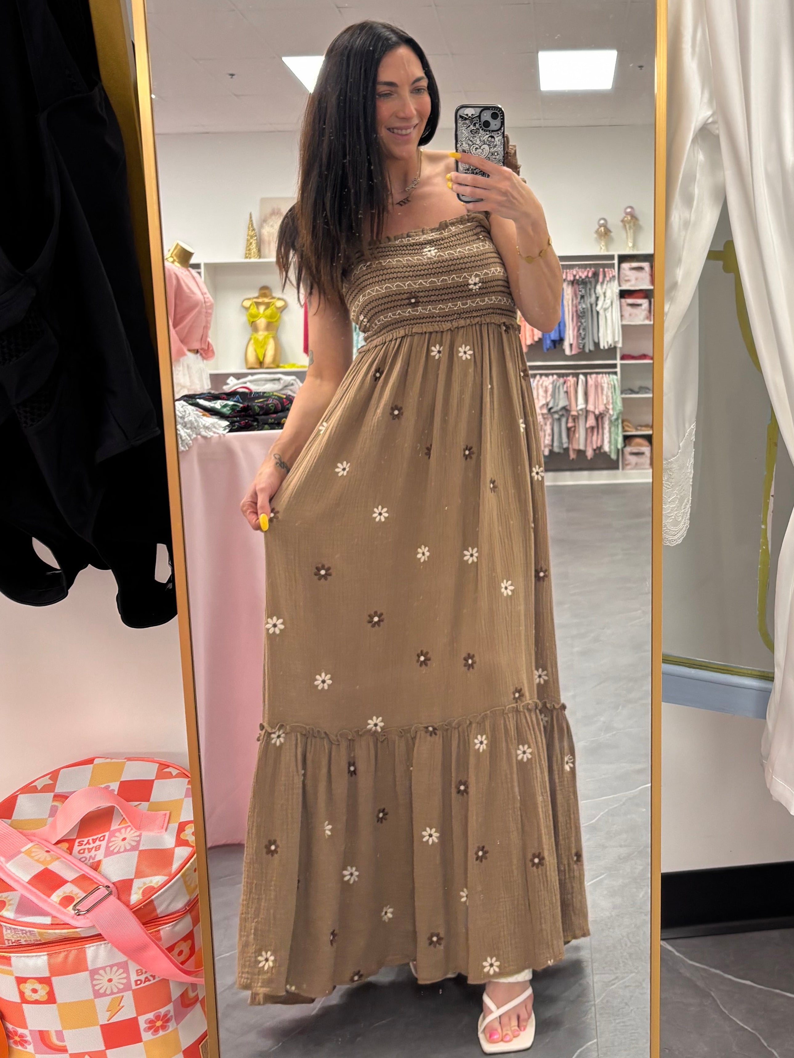 Floral Embroidered Maxi Dress: Brown