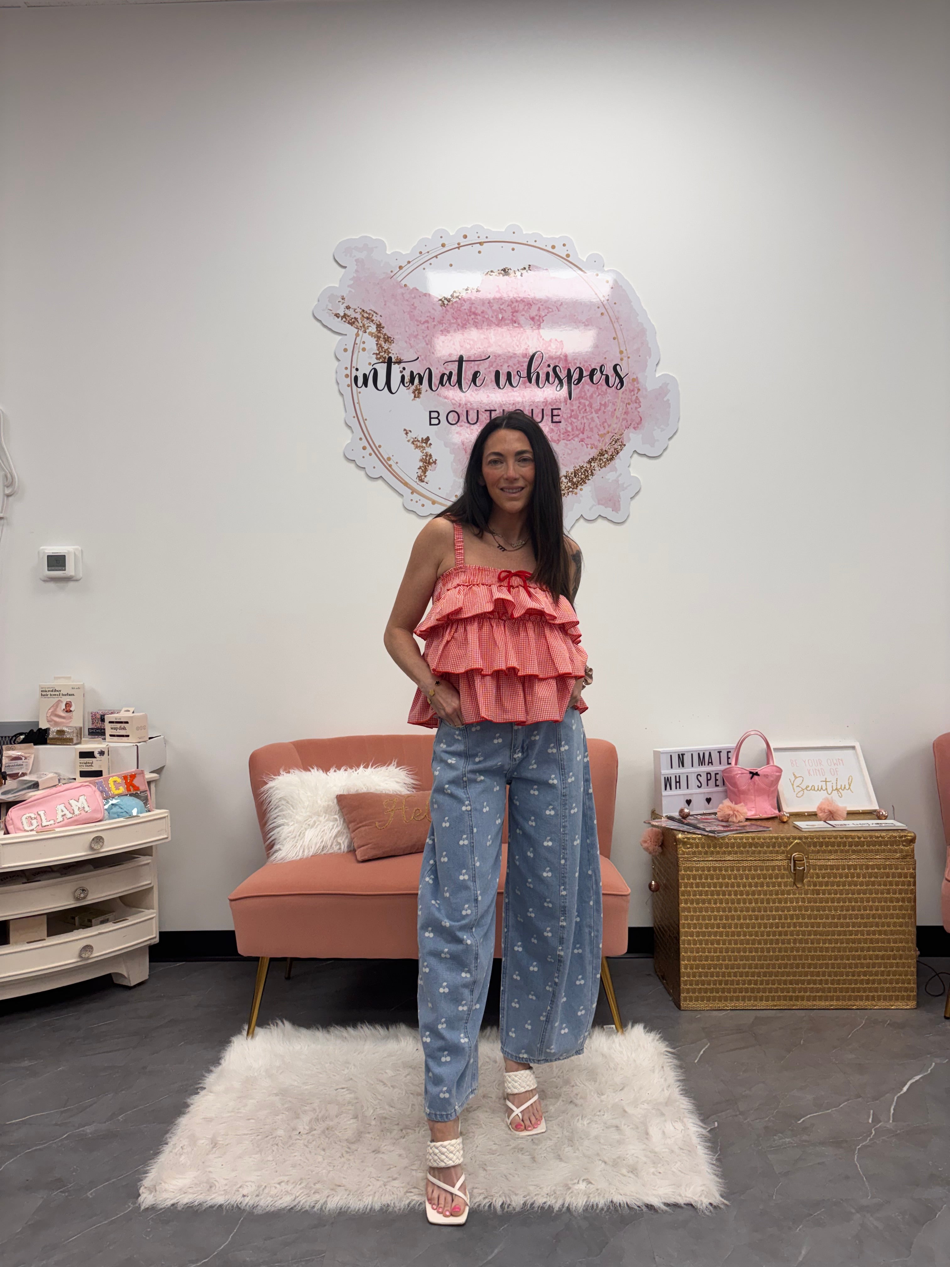 Washed Denim With Cherry Printed Wide Barrel Pants
