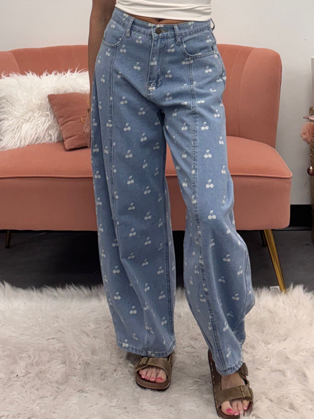 Washed Denim With Cherry Printed Wide Barrel Pants