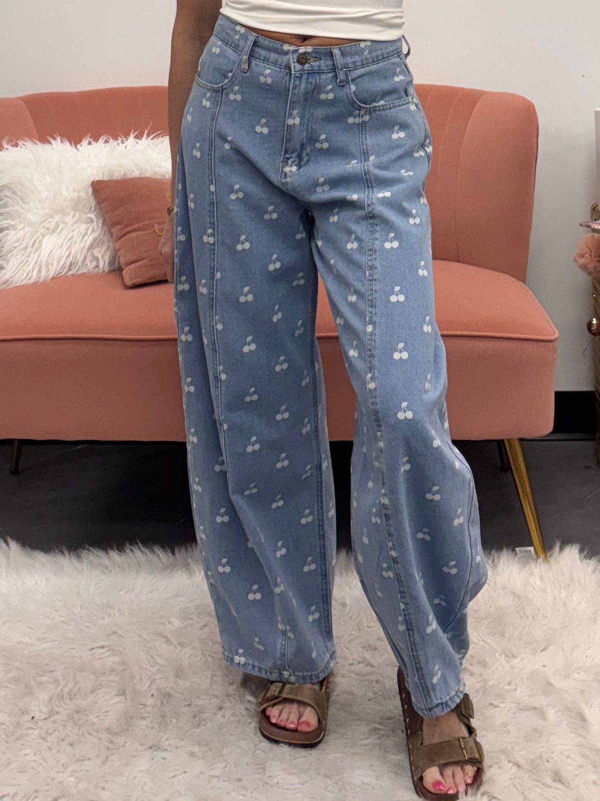 Washed Denim With Cherry Printed Wide Barrel Pants