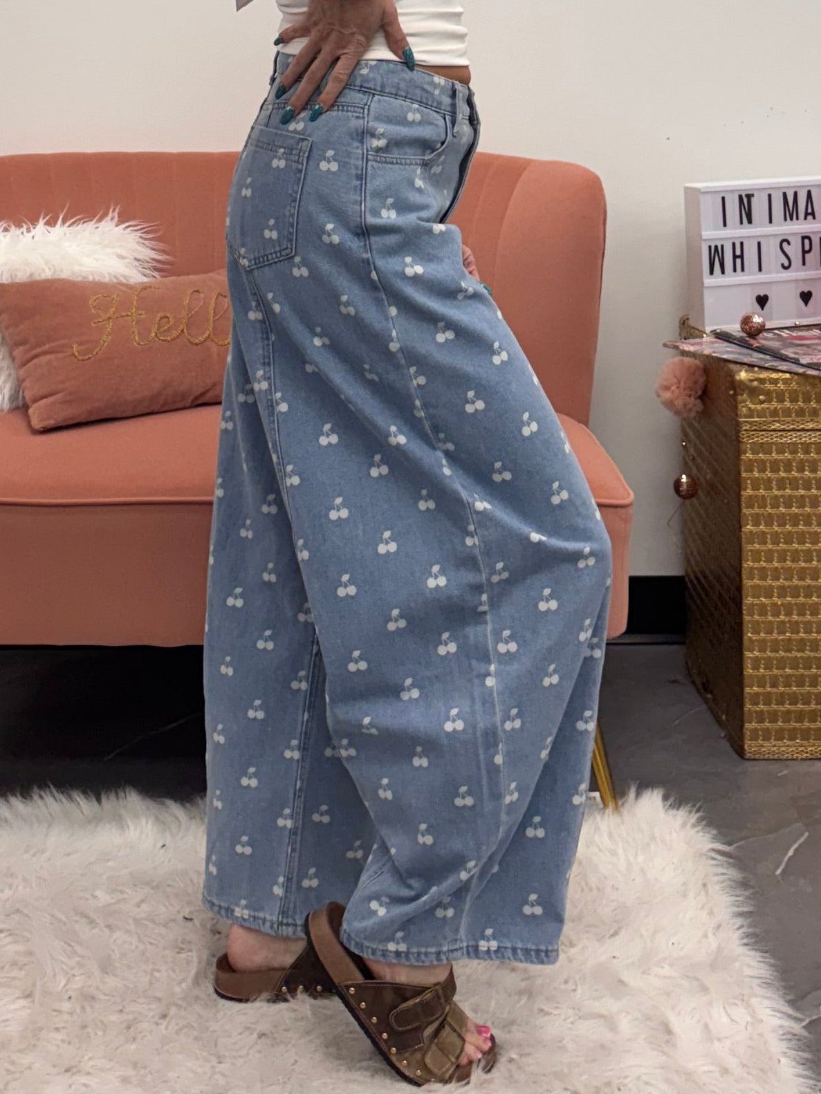 Washed Denim With Cherry Printed Wide Barrel Pants
