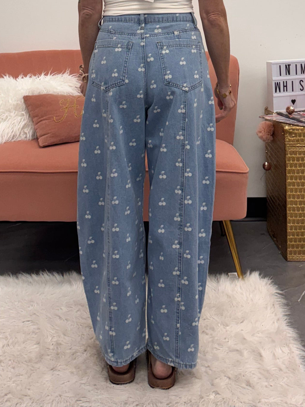 Washed Denim With Cherry Printed Wide Barrel Pants