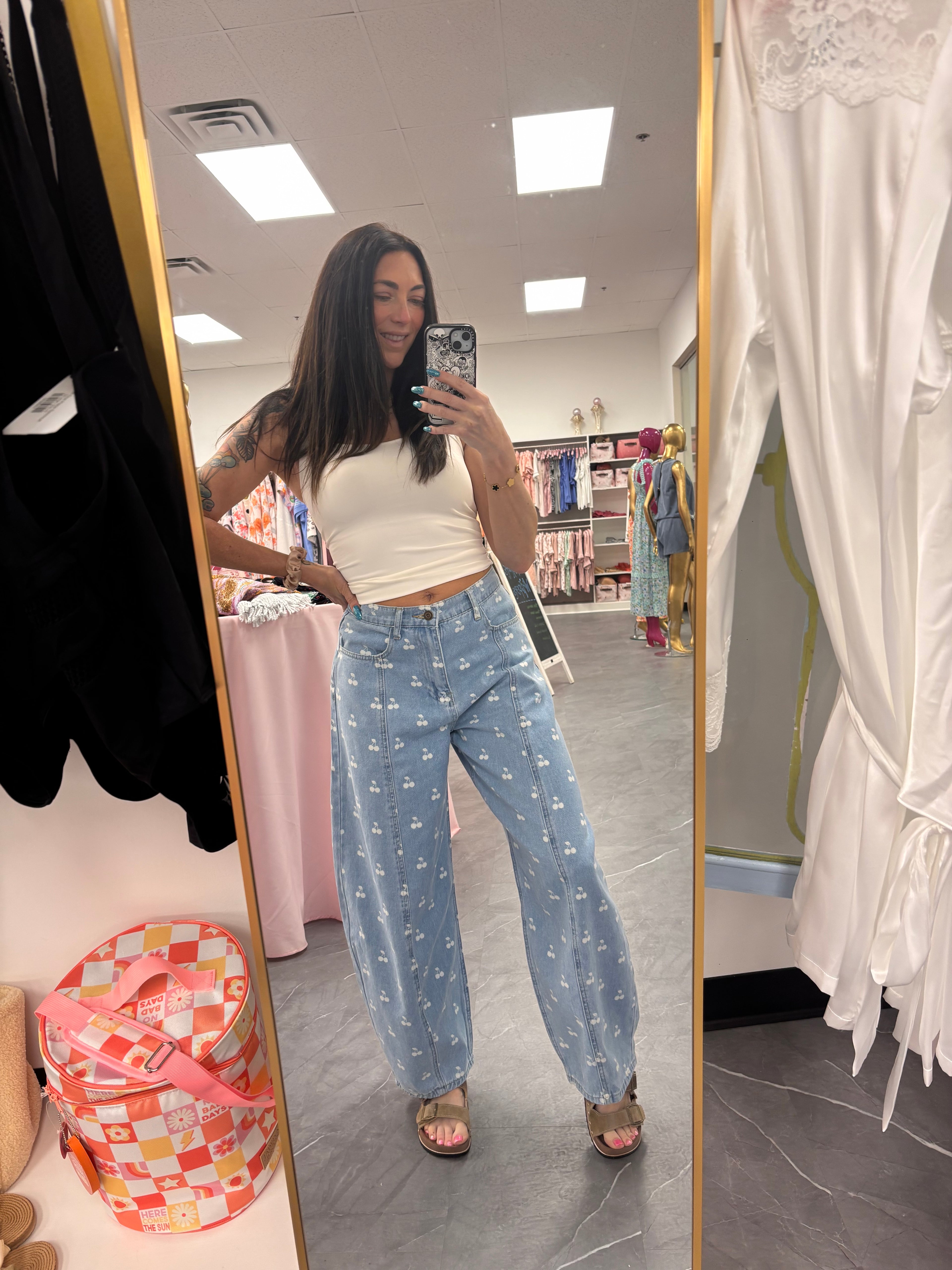 Washed Denim With Cherry Printed Wide Barrel Pants