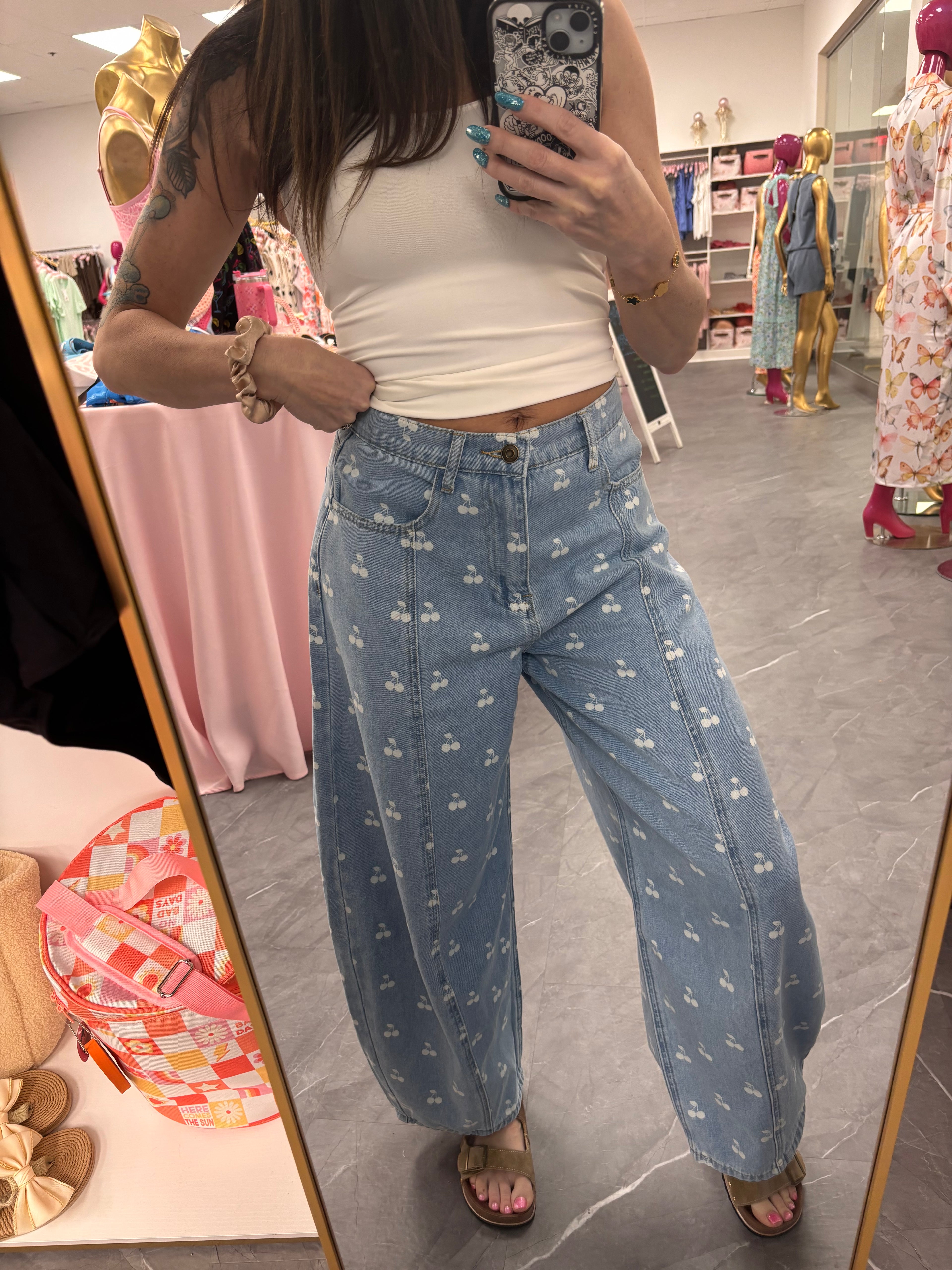 Washed Denim With Cherry Printed Wide Barrel Pants