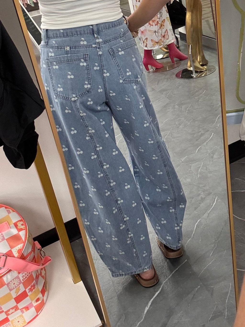 Washed Denim With Cherry Printed Wide Barrel Pants