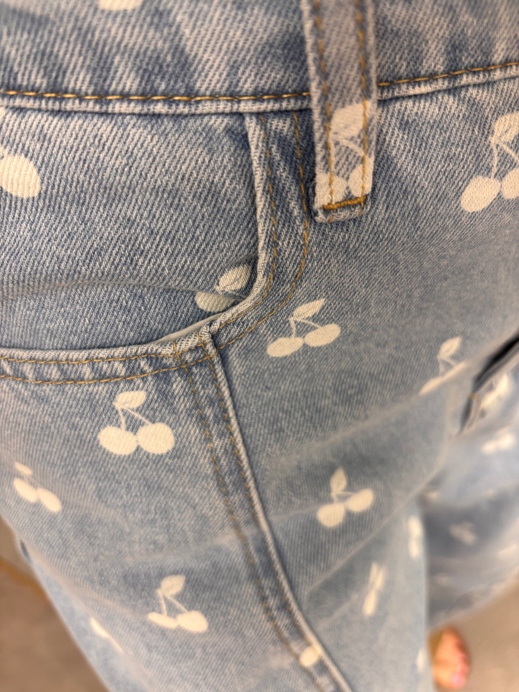 Washed Denim With Cherry Printed Wide Barrel Pants