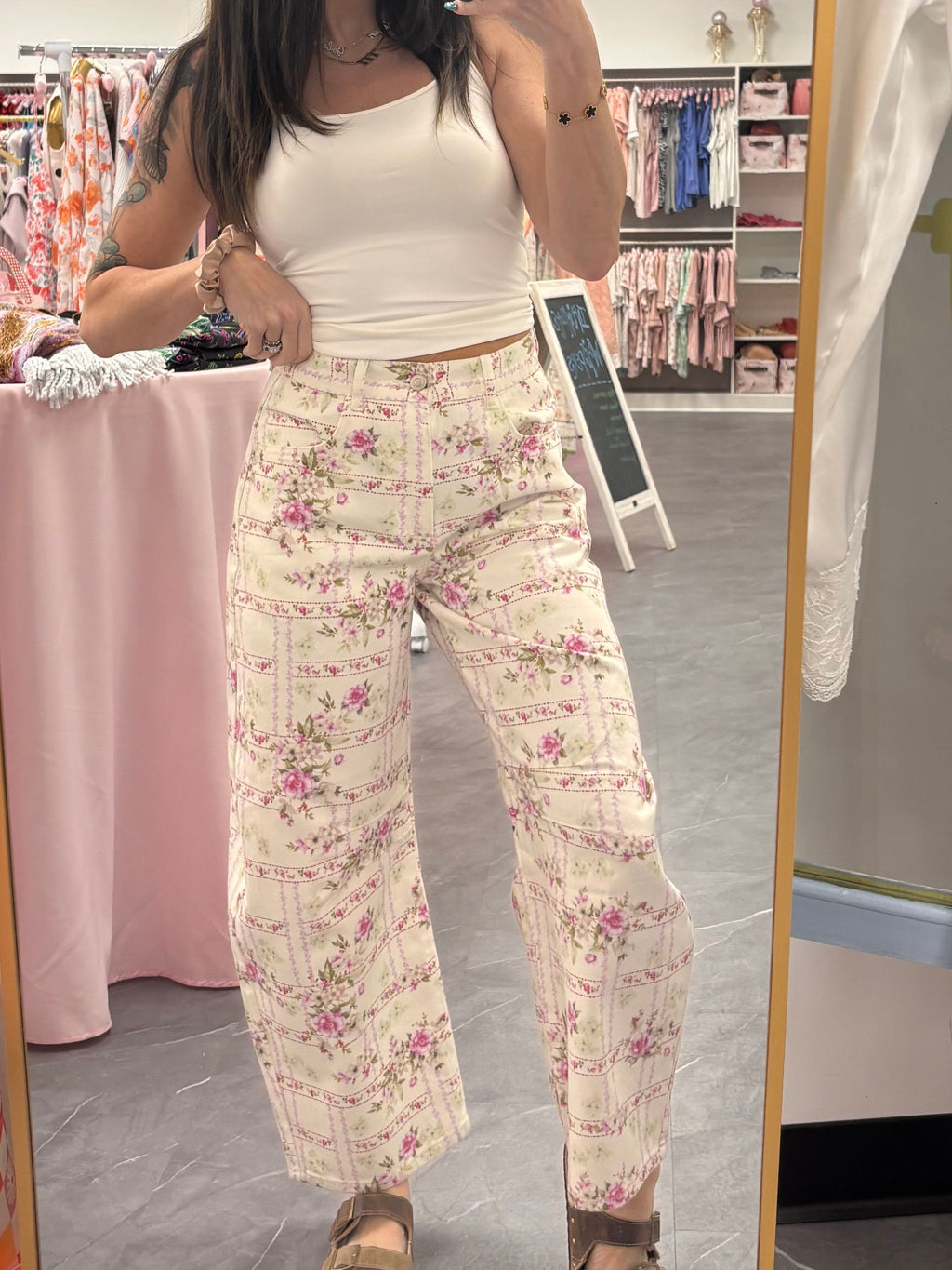 Barrel Denim Jeans - Floral Stripe Flower Print