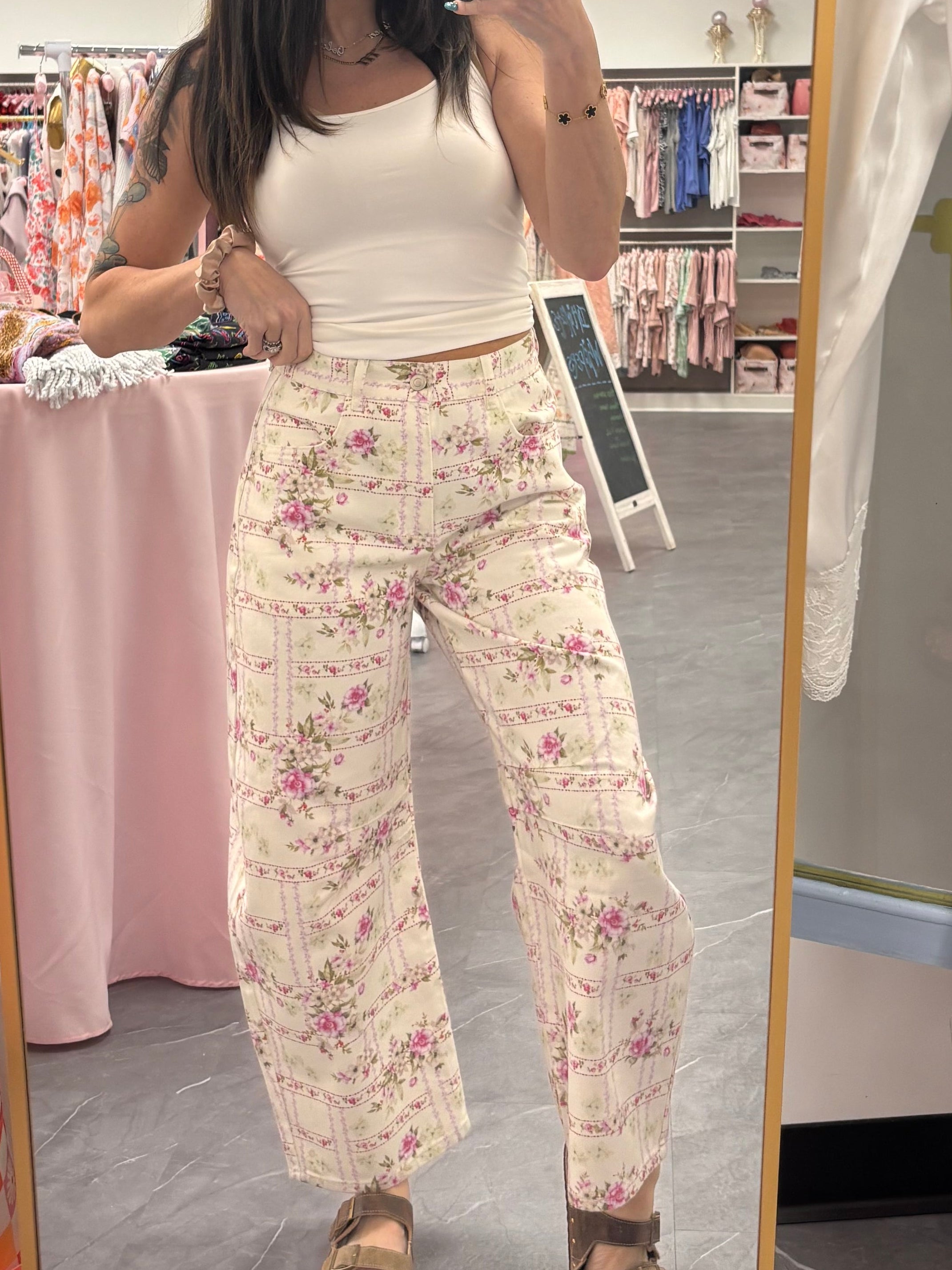 Barrel Denim Jeans - Floral Stripe Flower Print
