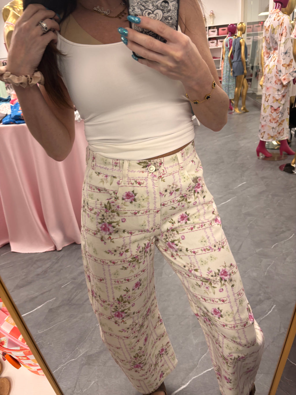 Barrel Denim Jeans - Floral Stripe Flower Print