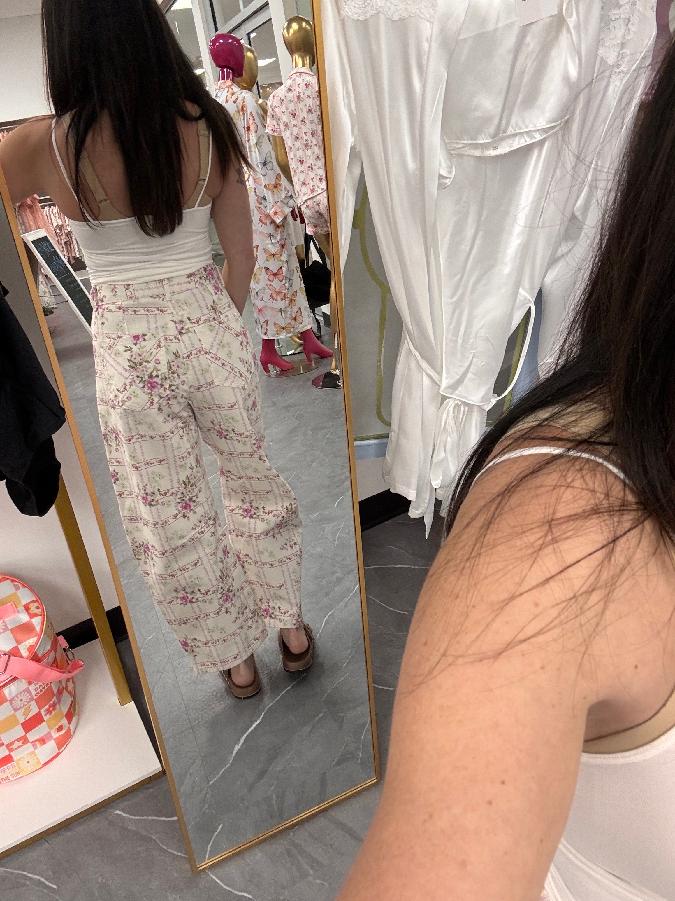 Barrel Denim Jeans - Floral Stripe Flower Print