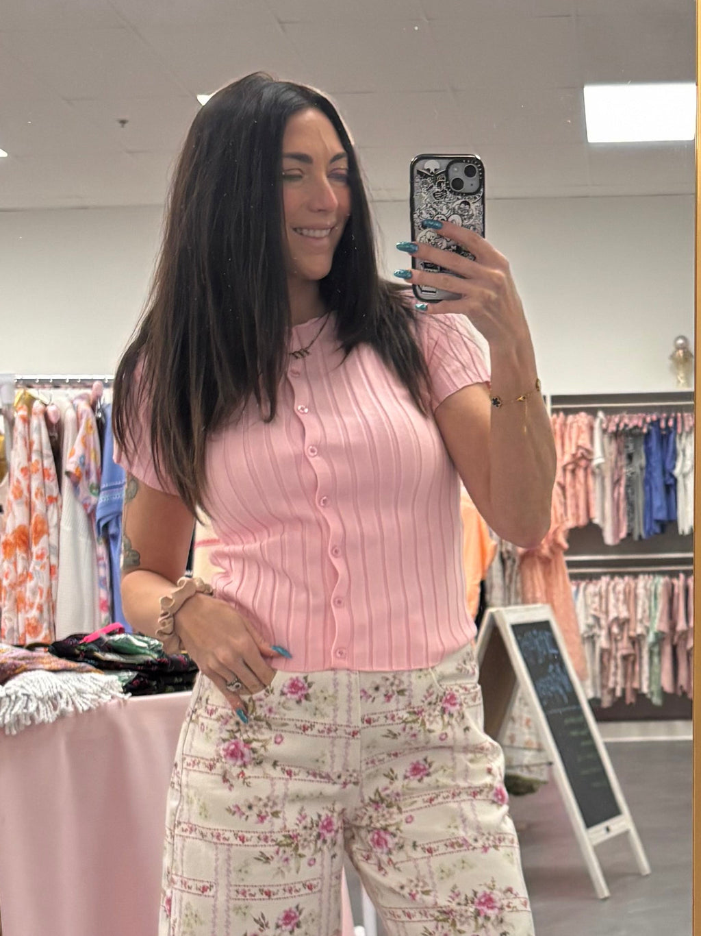 Ribbed Short Sleeve Buttoned Top - Pink