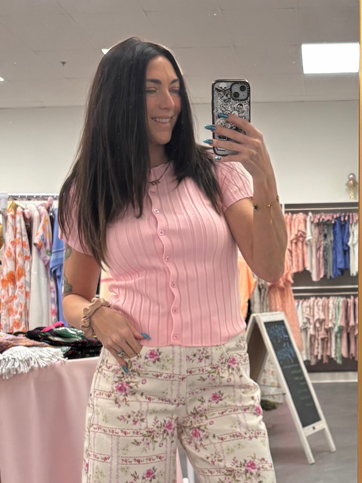 Ribbed Short Sleeve Buttoned Top - Pink