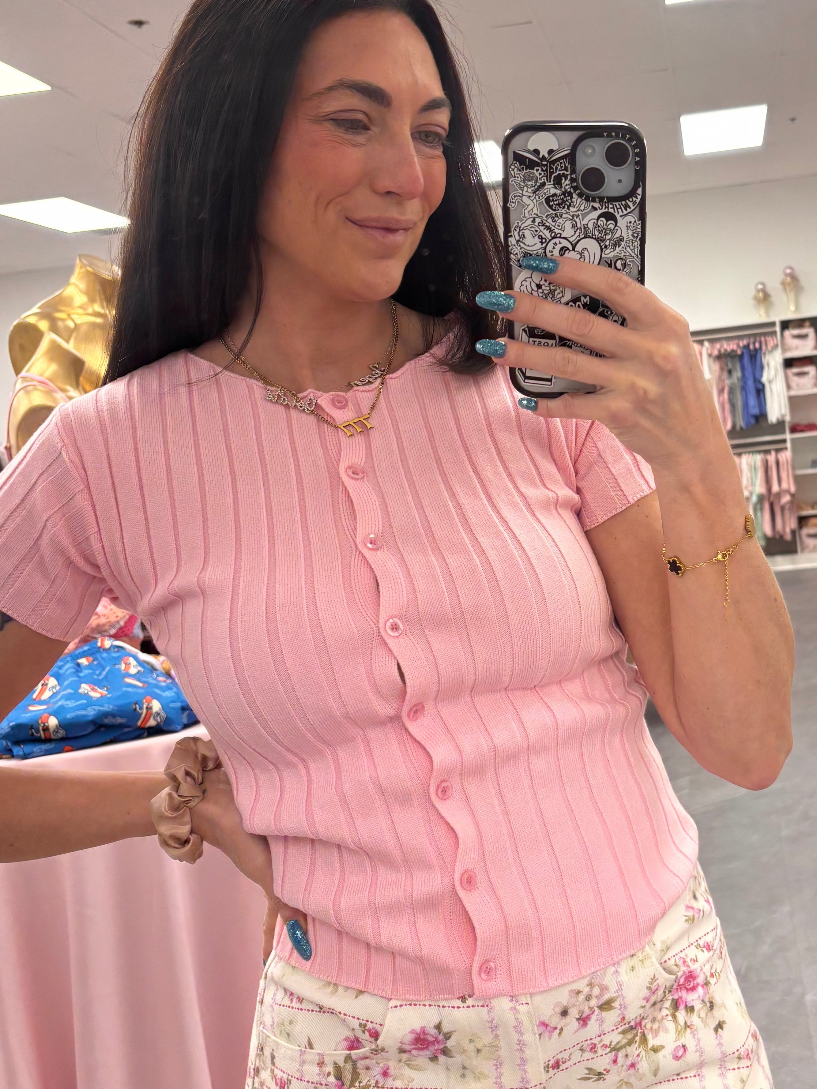 Ribbed Short Sleeve Buttoned Top - Pink
