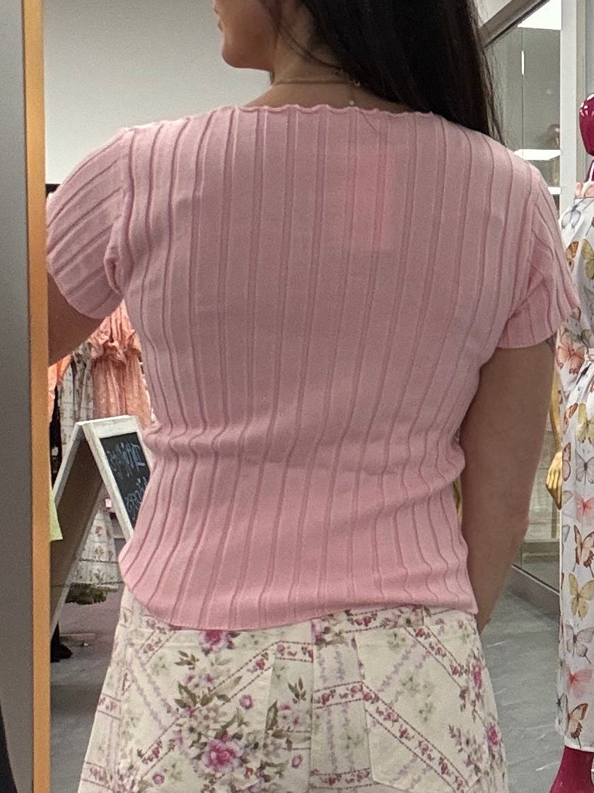 Ribbed Short Sleeve Buttoned Top - Pink
