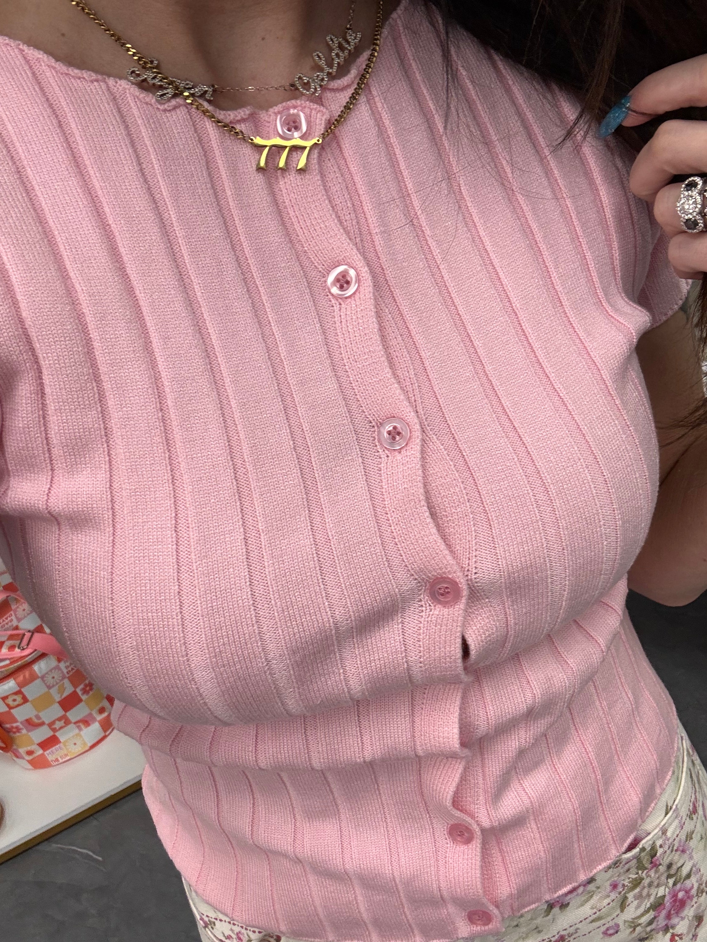 Ribbed Short Sleeve Buttoned Top - Pink