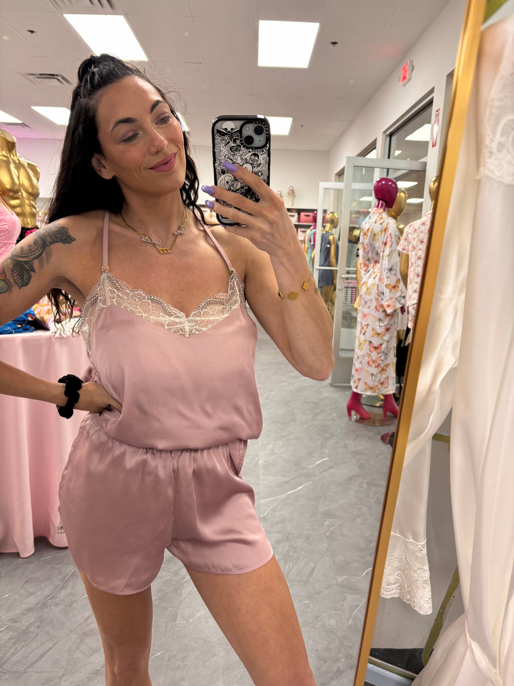 Recycled Fabric Lace Satin Pajama Set - Pink