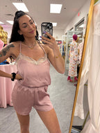 Recycled Fabric Lace Satin Pajama Set - Pink - Intimate Whispers