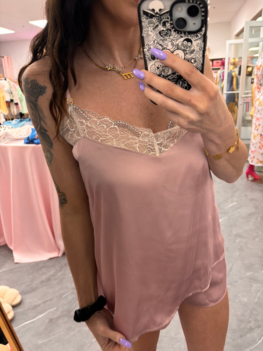 Recycled Fabric Lace Satin Pajama Set - Pink