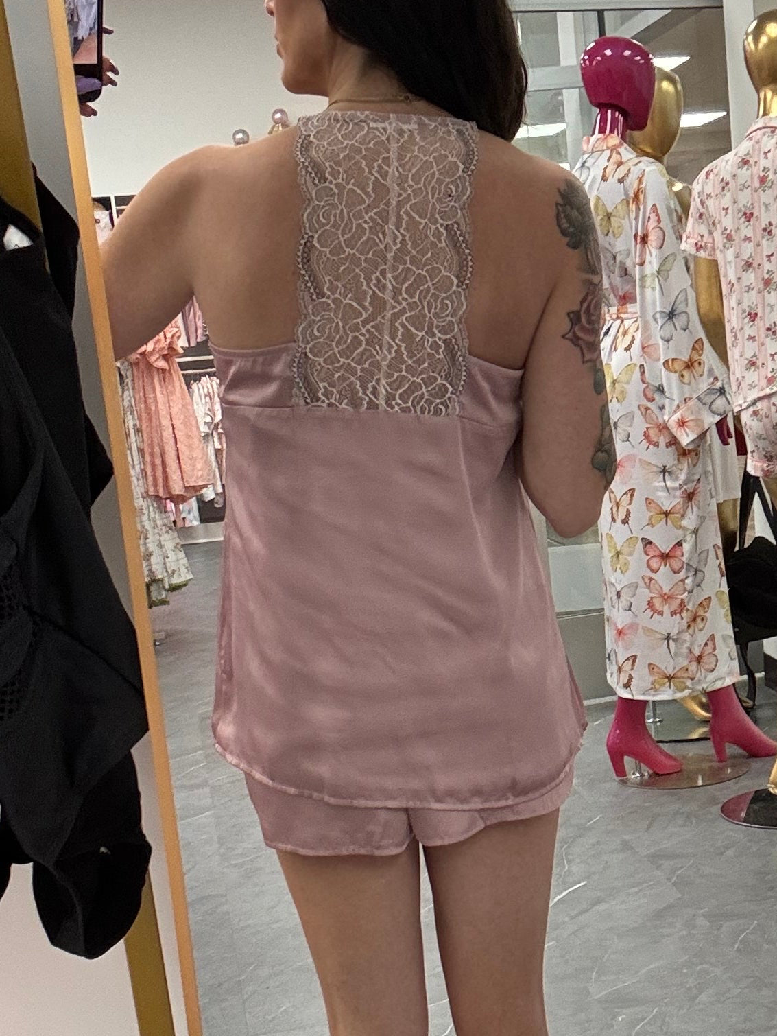 Recycled Fabric Lace Satin Pajama Set - Pink